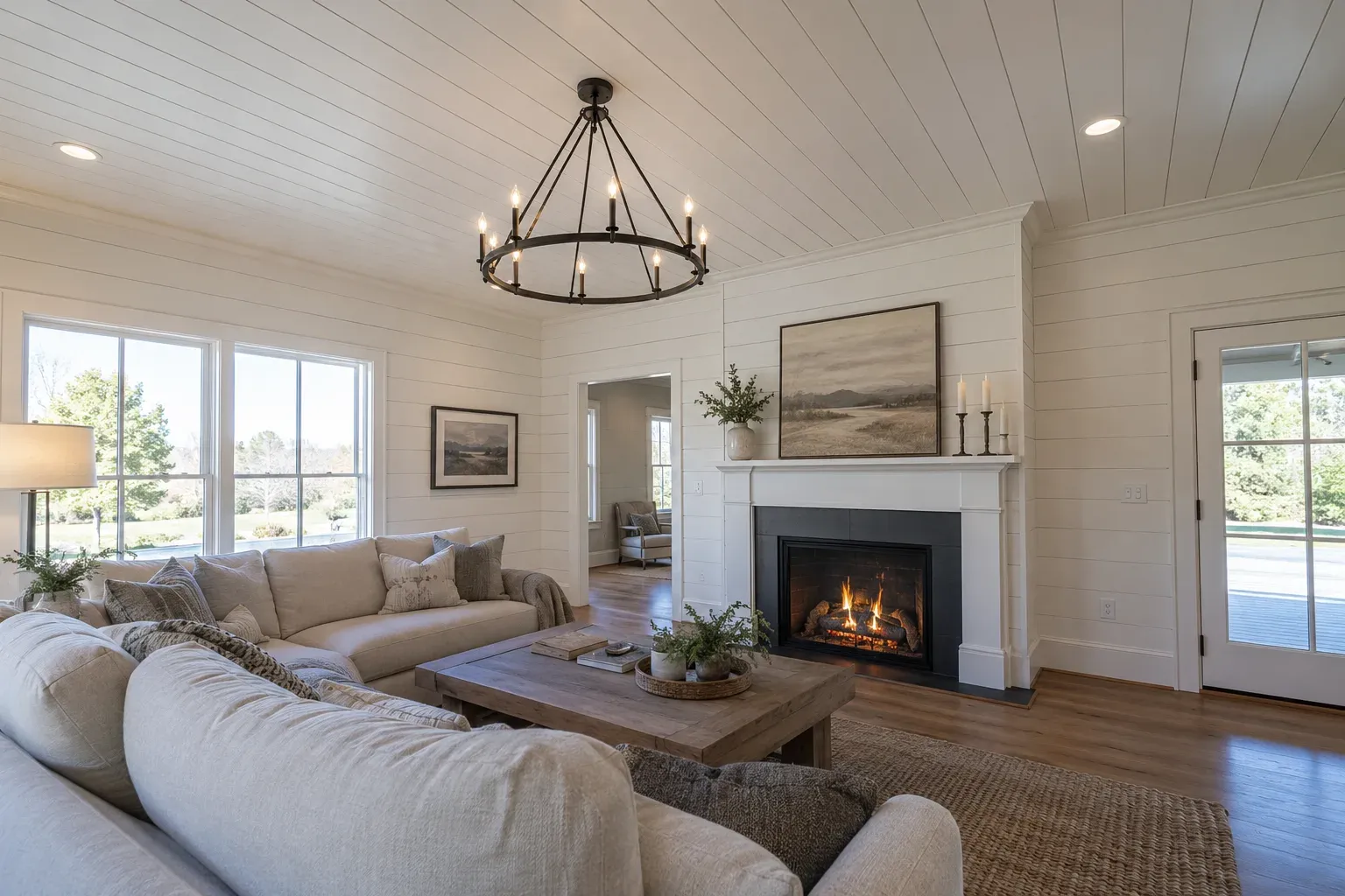 Living room with white shiplap walls and ceiling, a black ring chandelier and a white fireplace mantel