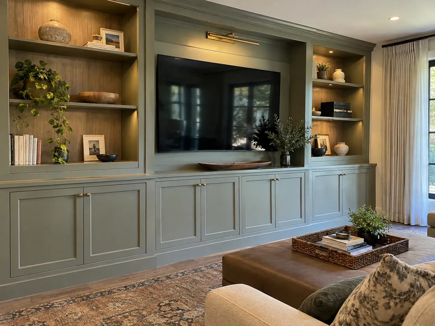 Long sage green entertainment built-in with a large TV, wood-lined lit shelves and lower cabinets with brass knobs