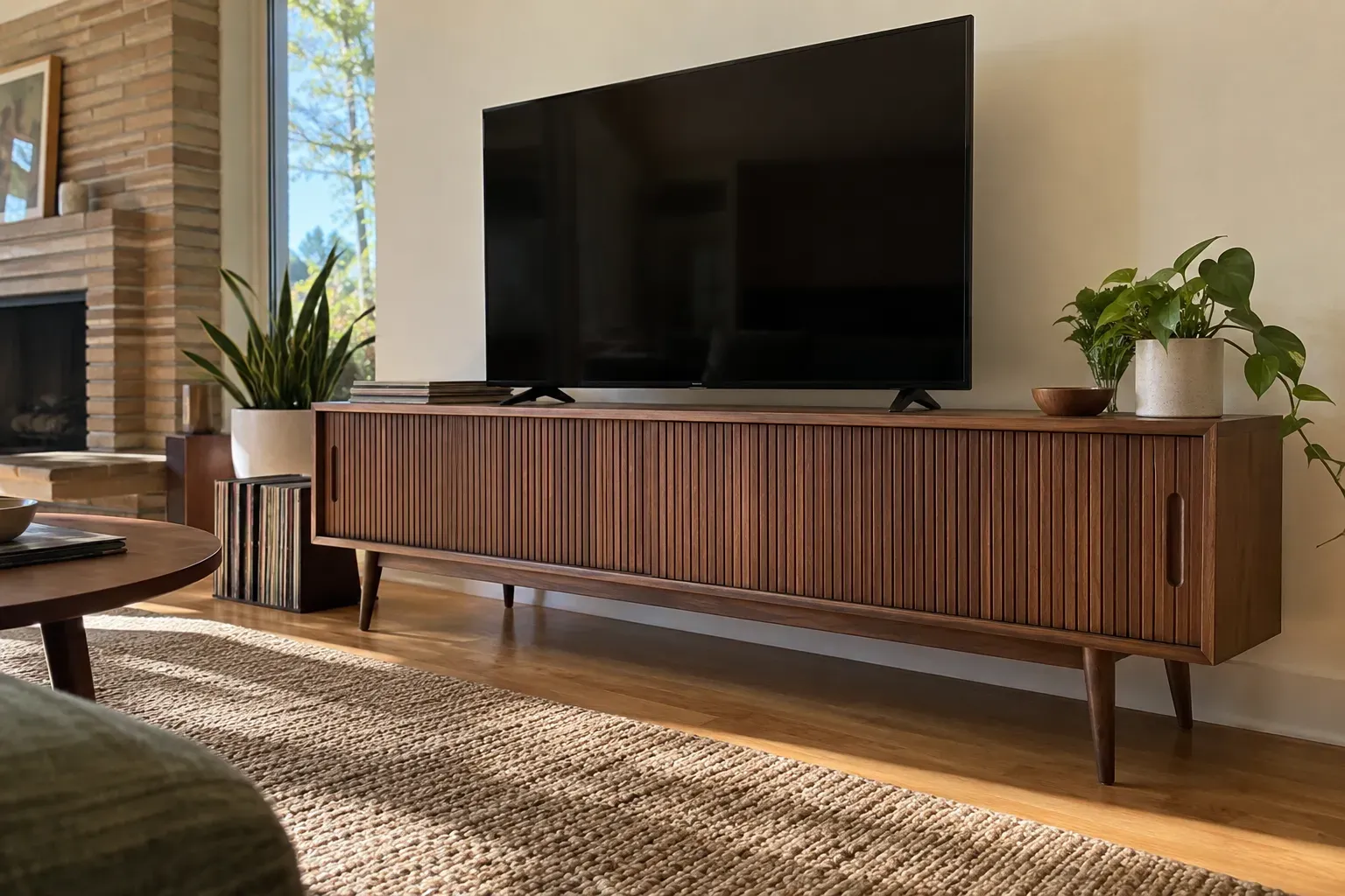 Long walnut media console with fluted sliding doors on tapered legs in a sunny living room