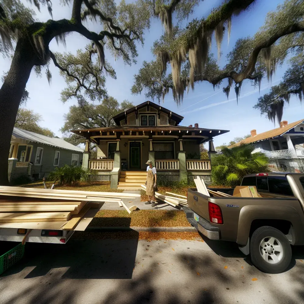 Woodworker beside a pickup truck and a trailer of lumber outside a craftsman bungalow under live oaks