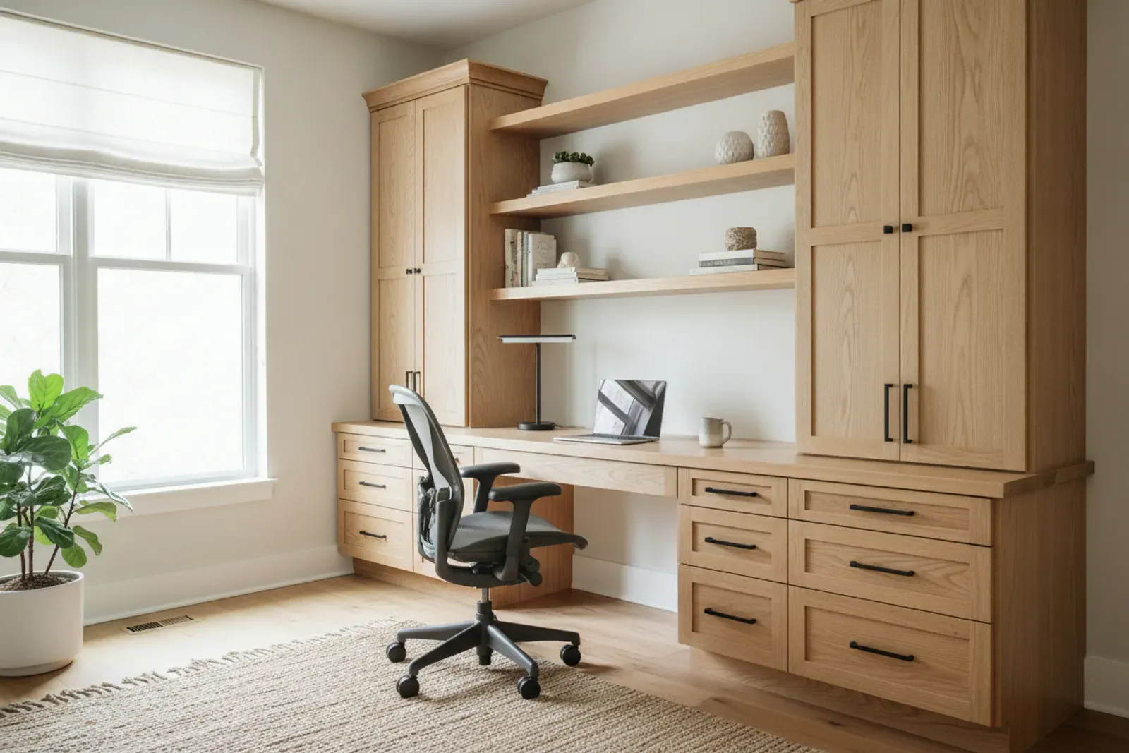 Home office with a built-in desk and upper shelving in white oak with black hardware