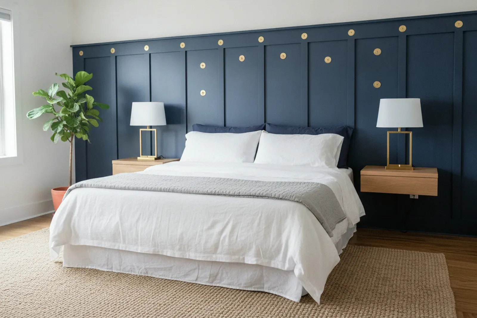 Bedroom wall of board and batten panelling behind the bed in painted navy with brass hardware