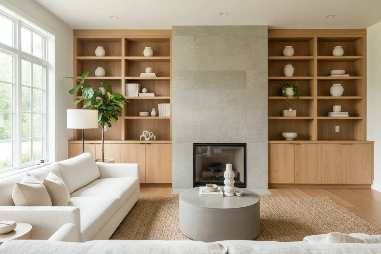 Living room with built-in cabinets and shelving flanking a fireplace in natural maple