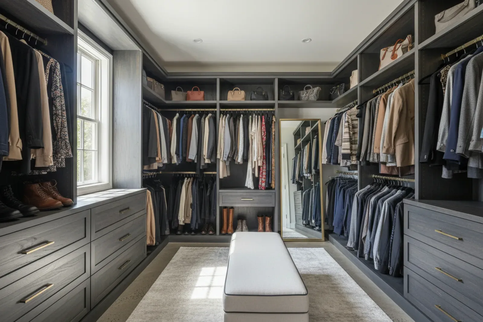 Walk-in closet of wood shelving, hanging rods and drawer banks in painted charcoal