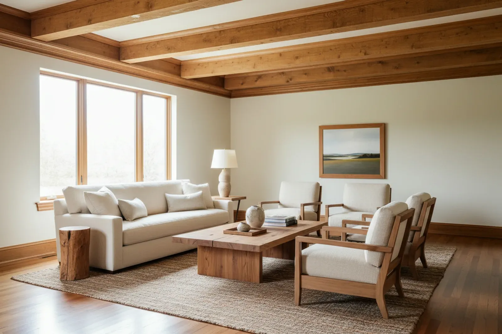 Room with wood ceiling beams and layered crown molding in warm stained oak