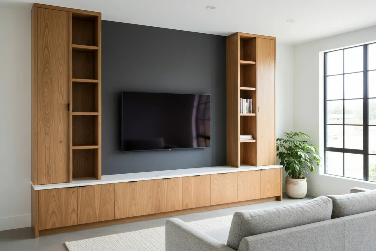 Media wall of base cabinets and tall towers around a television