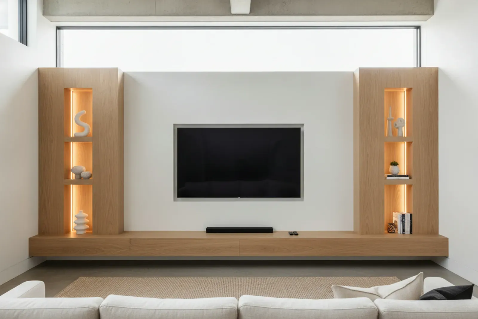 Media wall with lit display niches either side of the screen