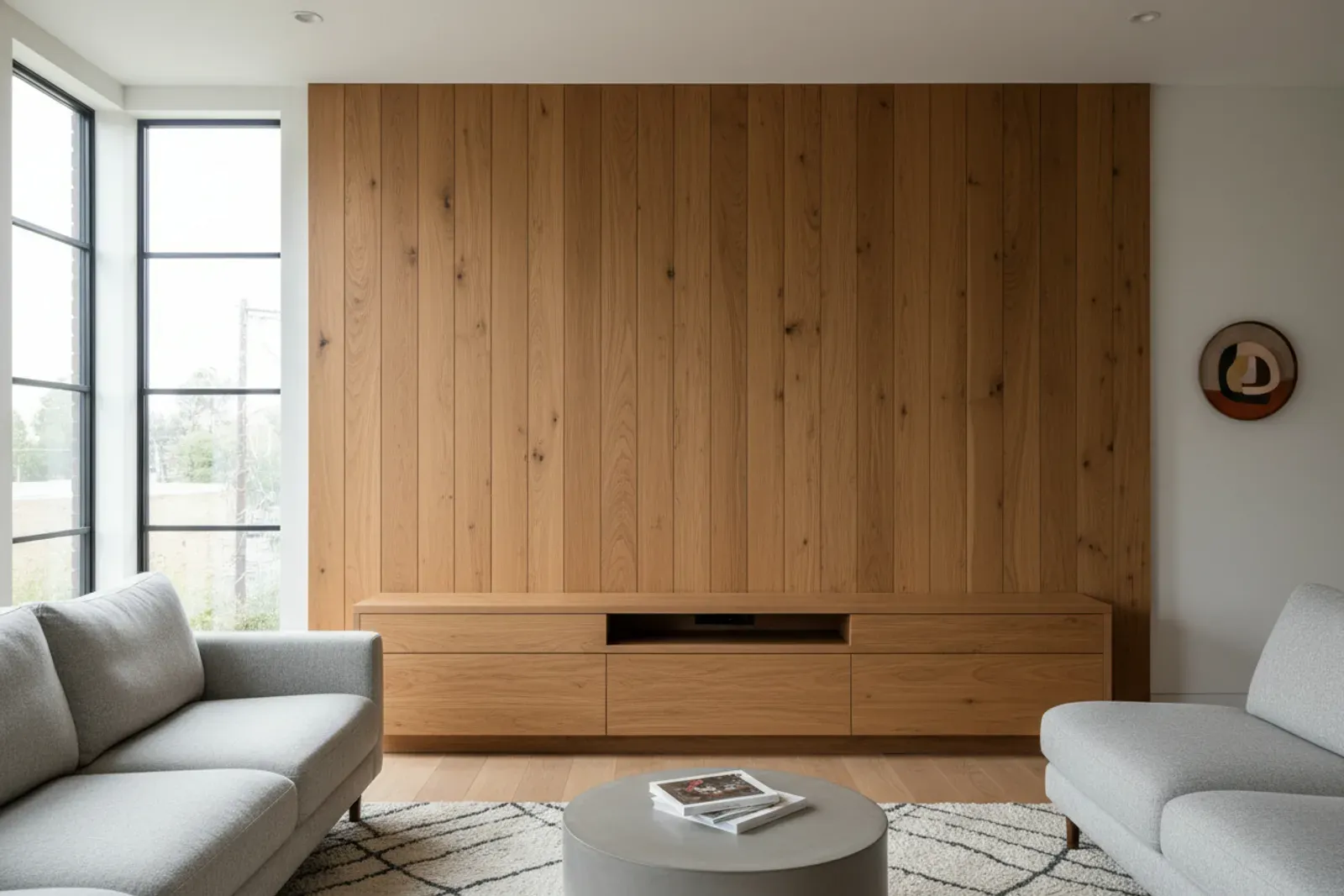 Low media console built into a panelled wall