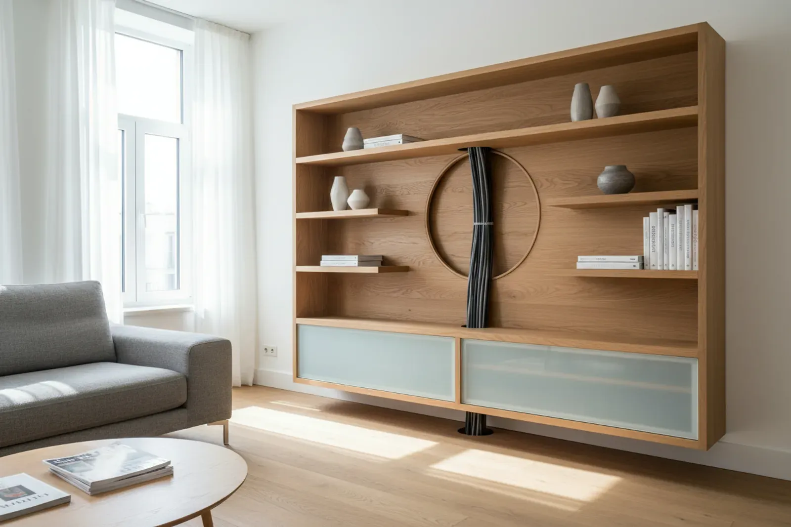 Media wall cabinet with a tidy chase routed through it for wiring