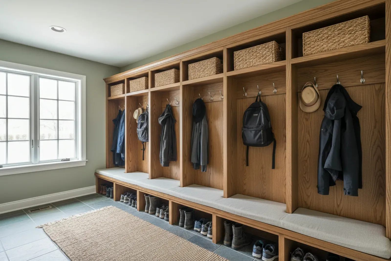 Mudroom of built-in wooden lockers with a bench, cubbies and coat hooks