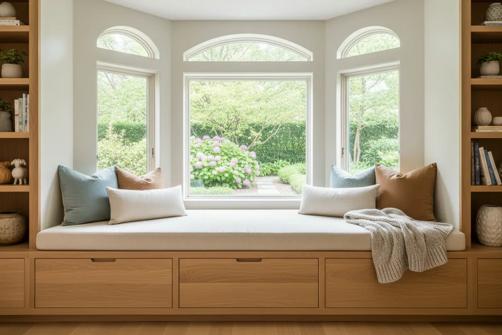 Window seat with drawers below in a bright bay window