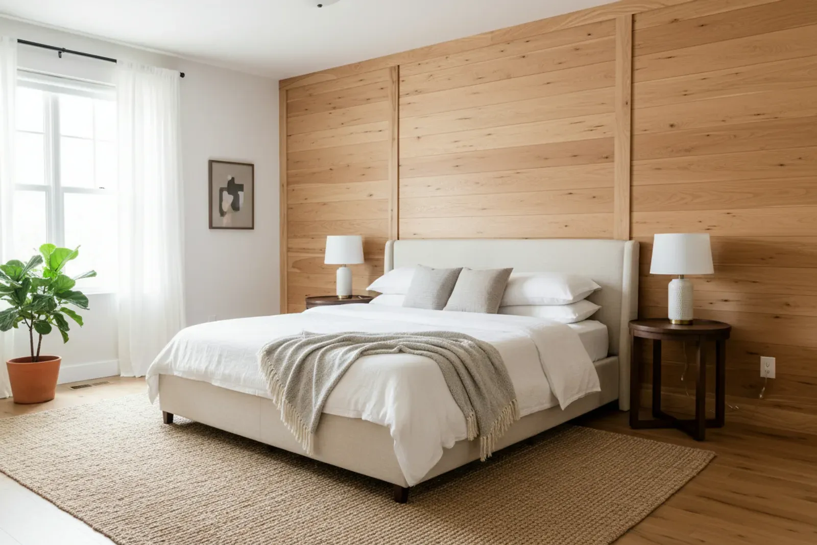 Bedroom wall of board and batten panelling behind the bed in natural maple