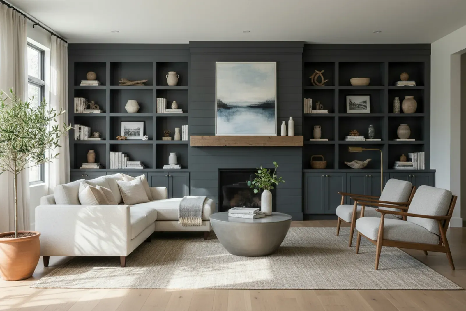 Living room with built-in cabinets and shelving flanking a fireplace in painted charcoal