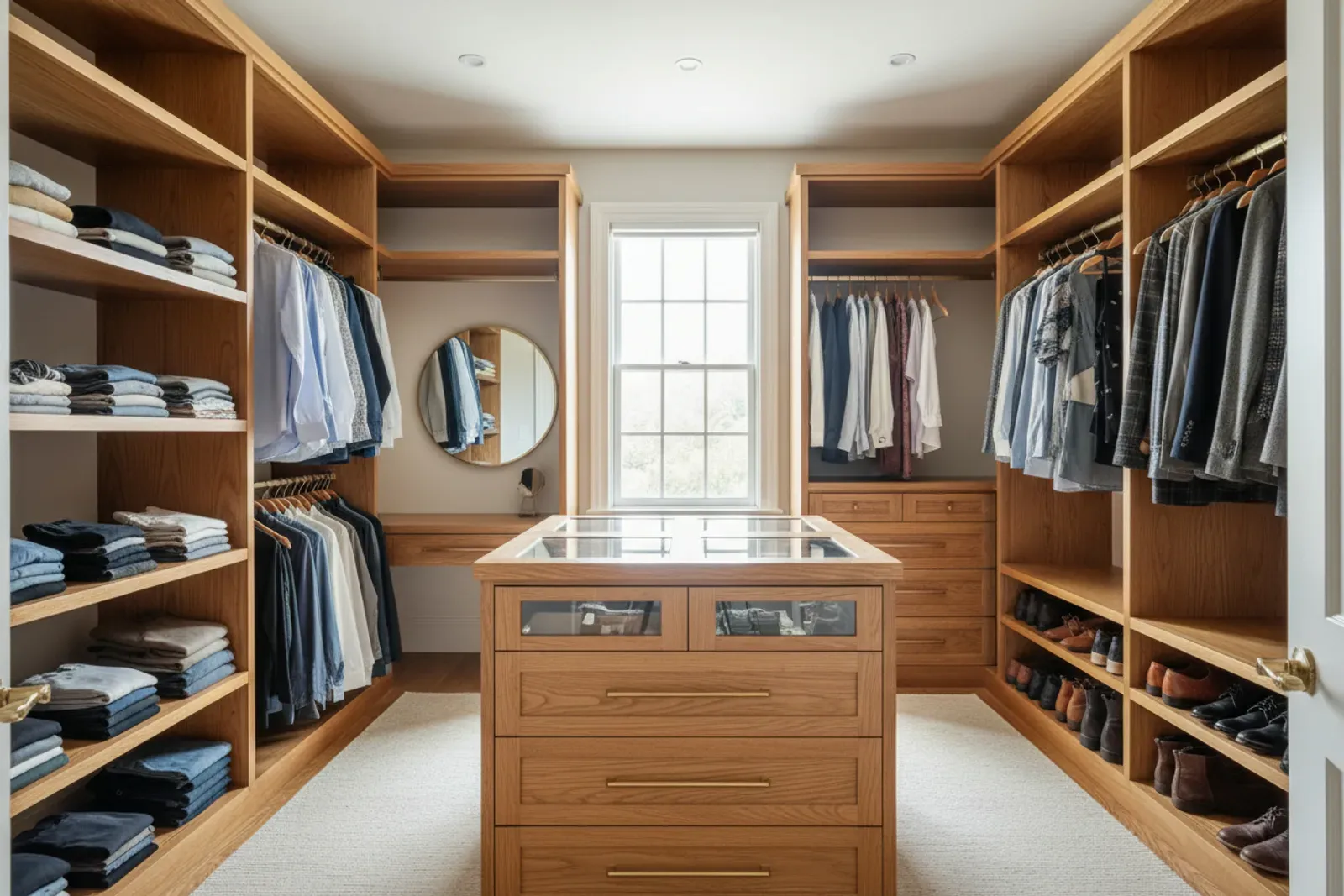 Walk-in closet of wood shelving, hanging rods and drawer banks in warm stained oak