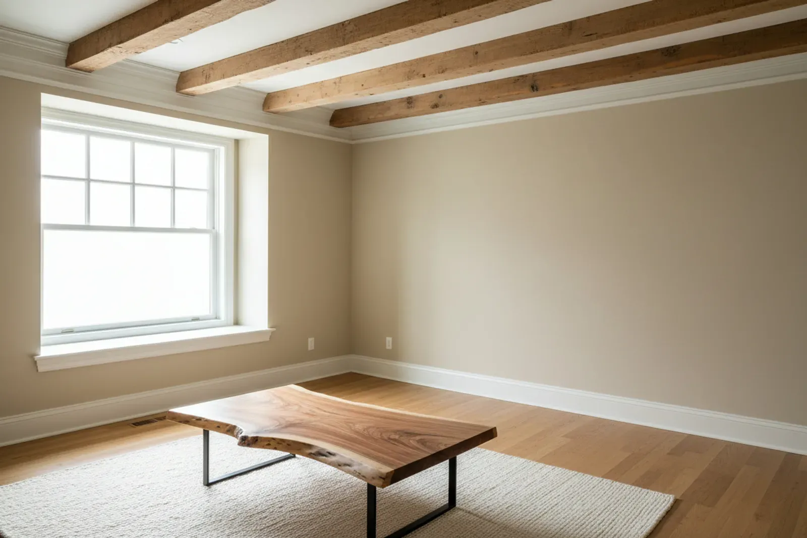 Room with wood ceiling beams and layered crown molding painted soft white