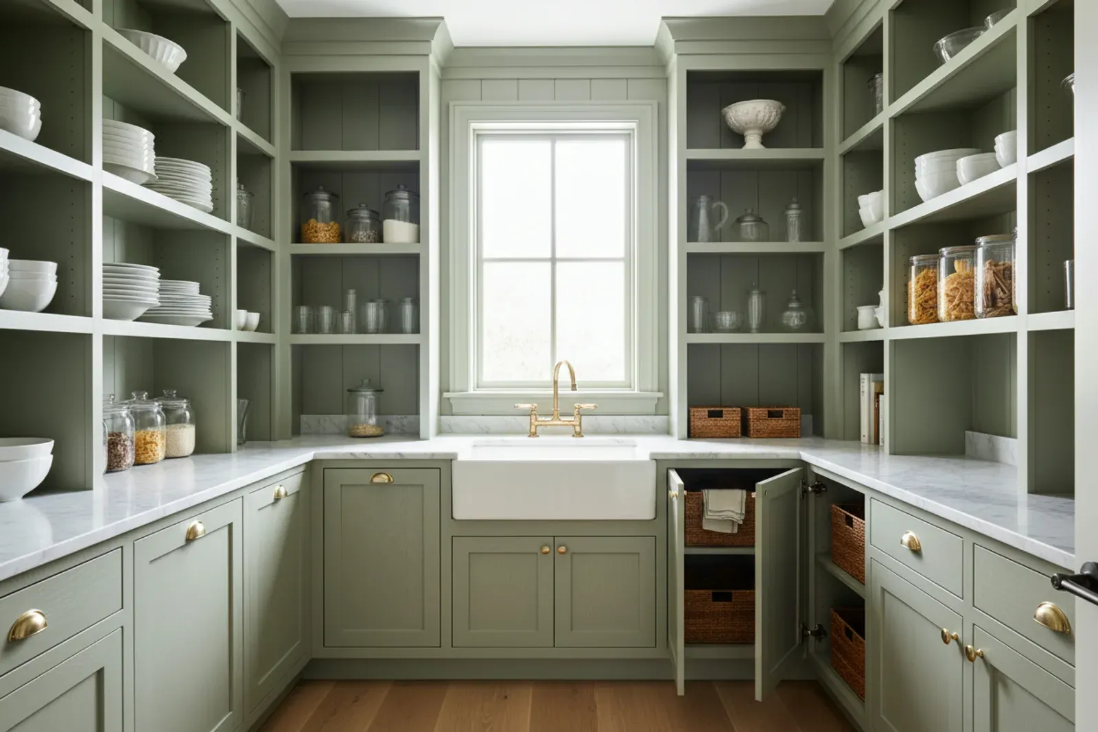 Butler pantry of floor to ceiling wooden shelving and cabinets in painted sage green