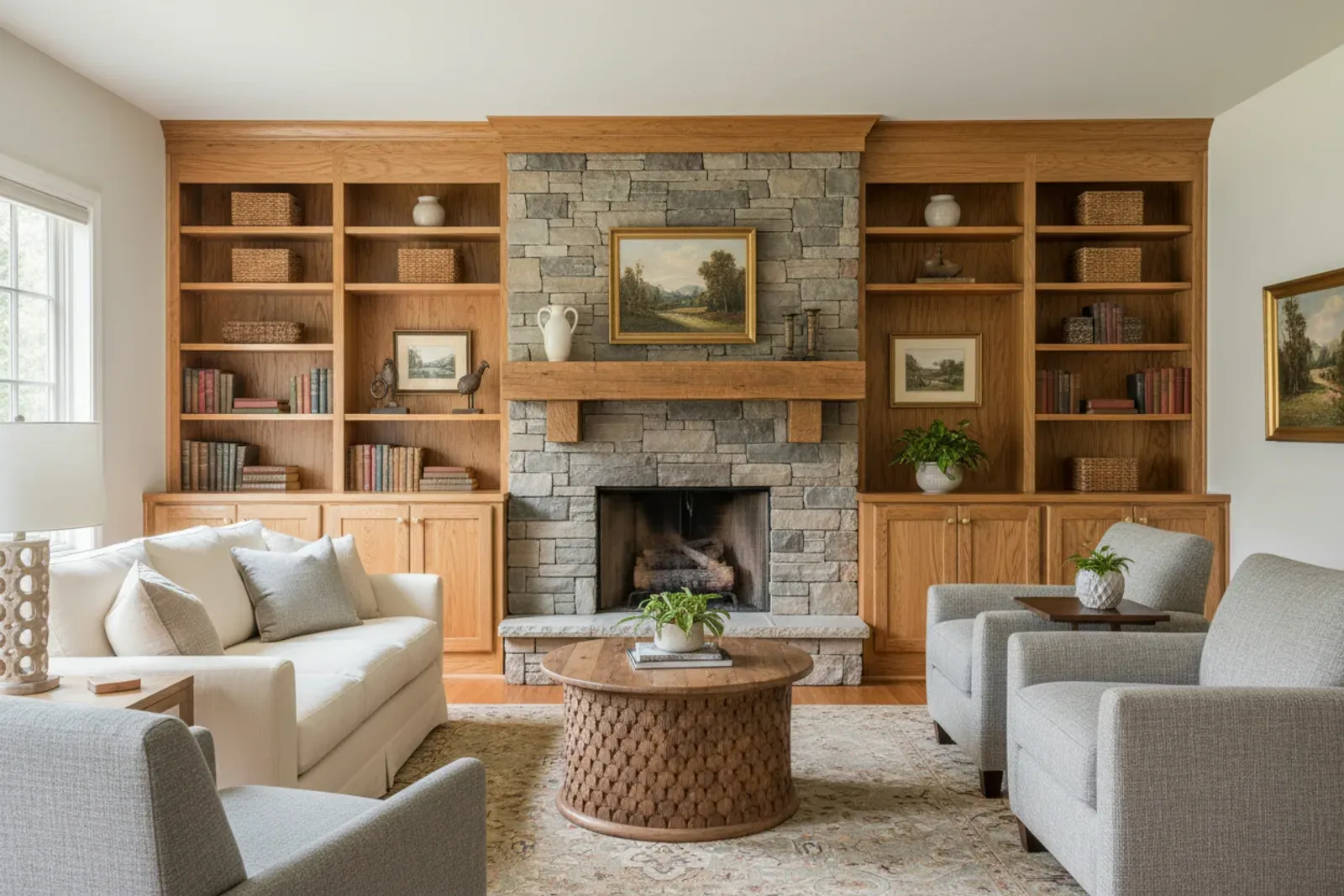 Living room with built-in cabinets and shelving flanking a fireplace in warm stained oak