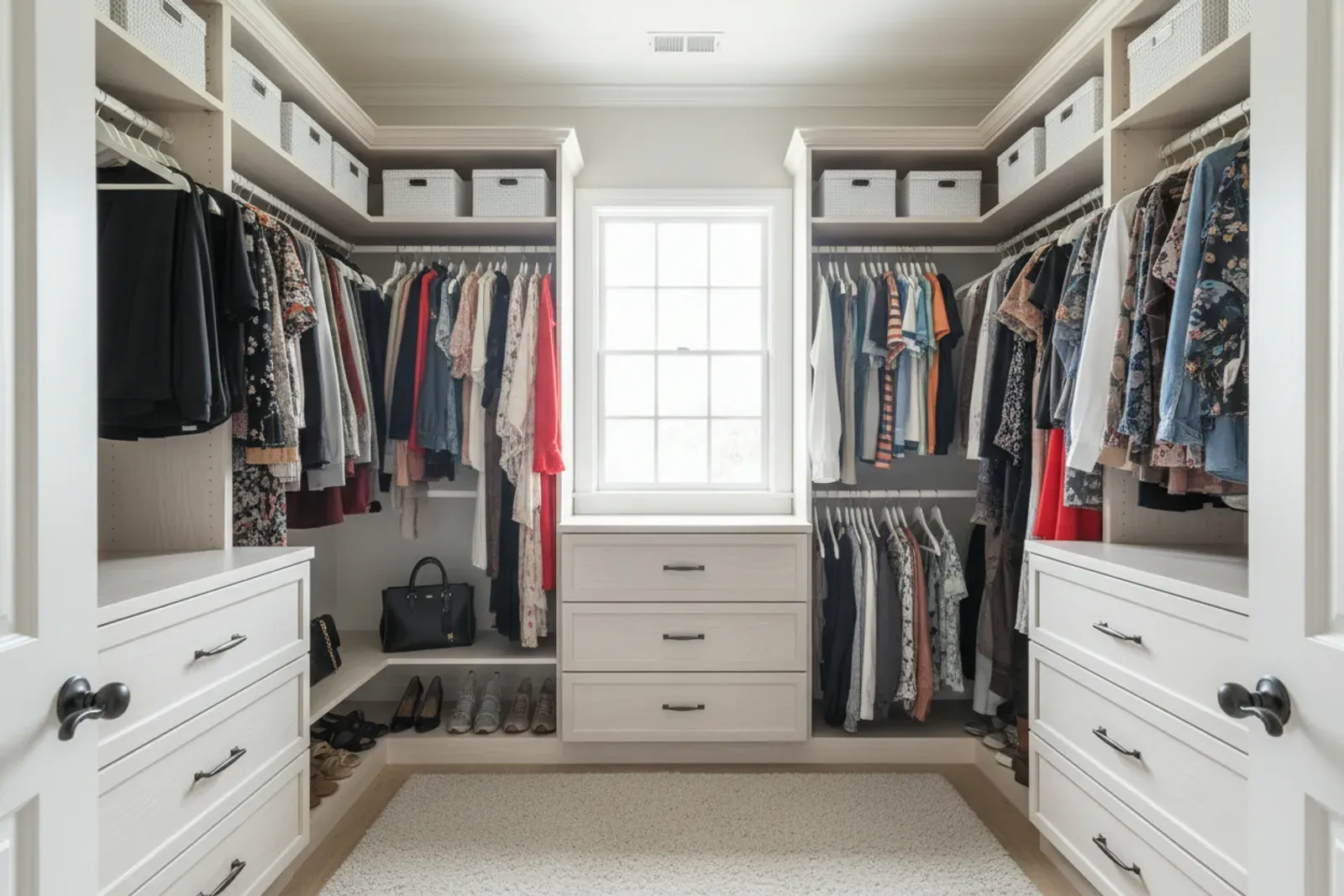Walk-in closet of wood shelving, hanging rods and drawer banks painted soft white