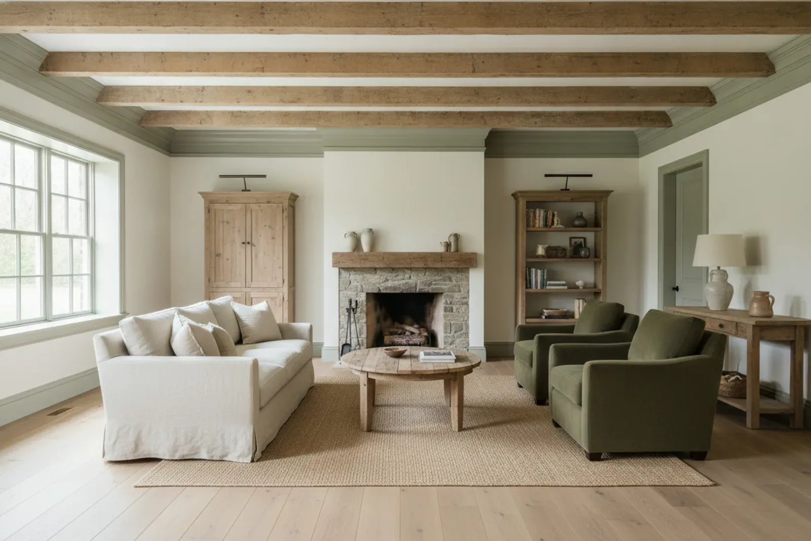 Room with wood ceiling beams and layered crown molding in painted sage green