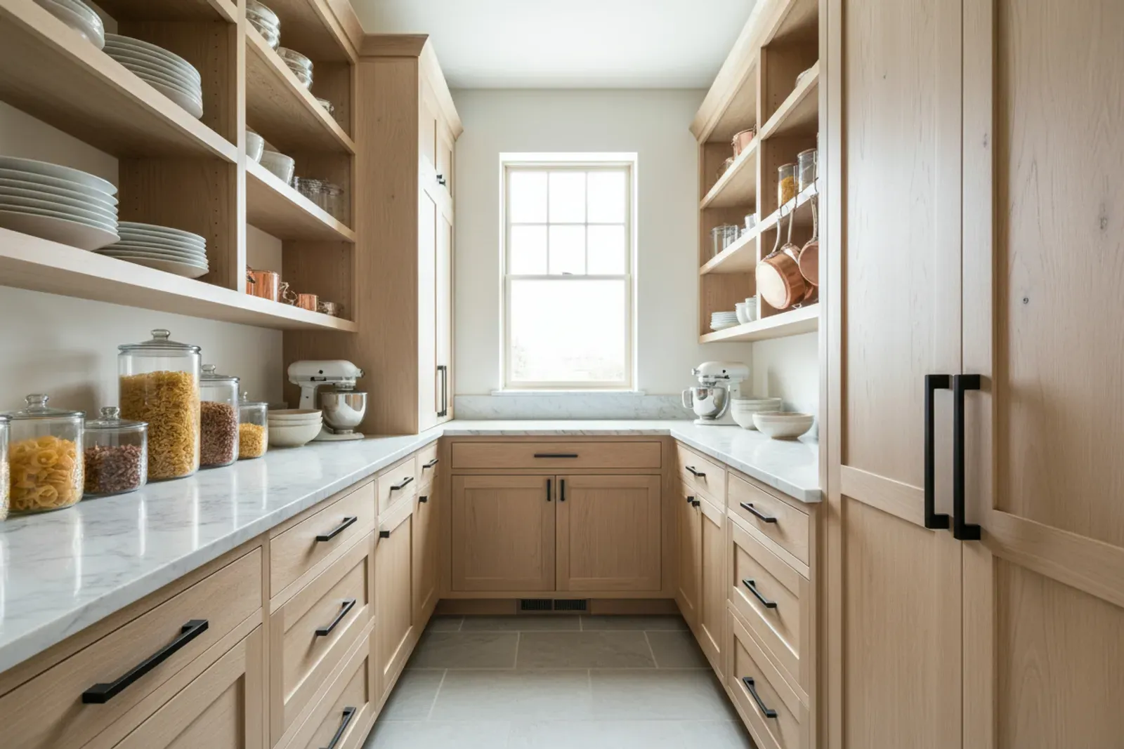 Butler pantry of floor to ceiling wooden shelving and cabinets in white oak with black hardware