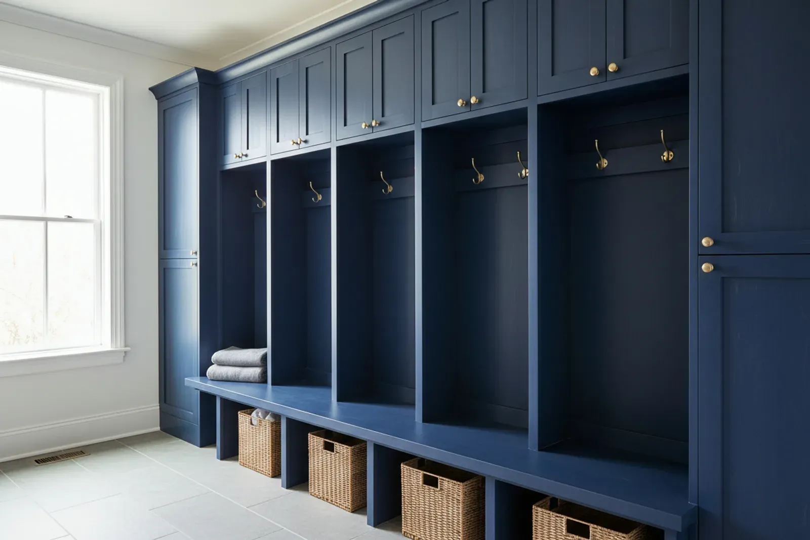 Mudroom of built-in wooden lockers with a bench and coat hooks in painted navy with brass hardware