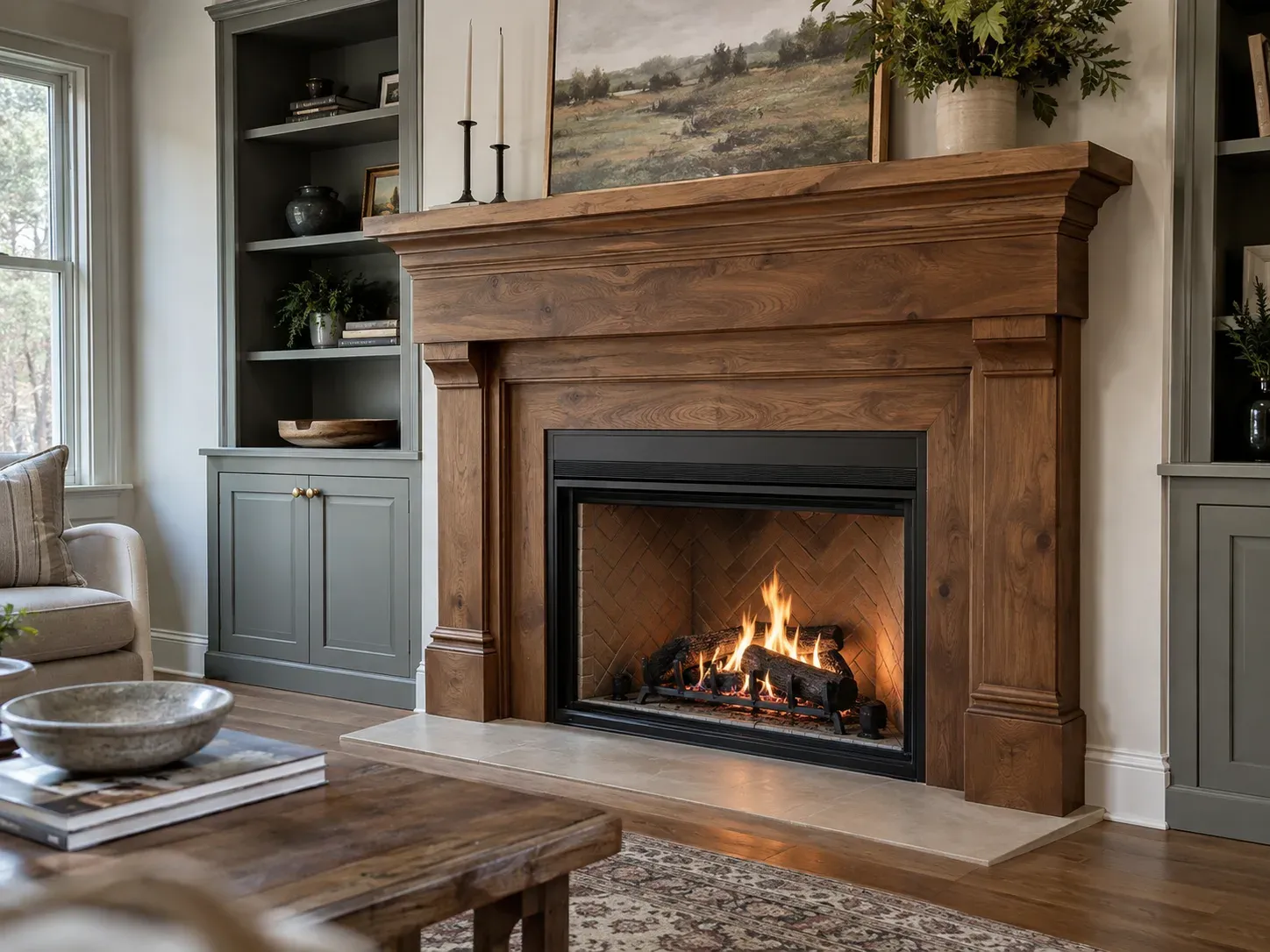 Oak fireplace surround with stepped mantel and herringbone firebox beside sage green built-in cabinets