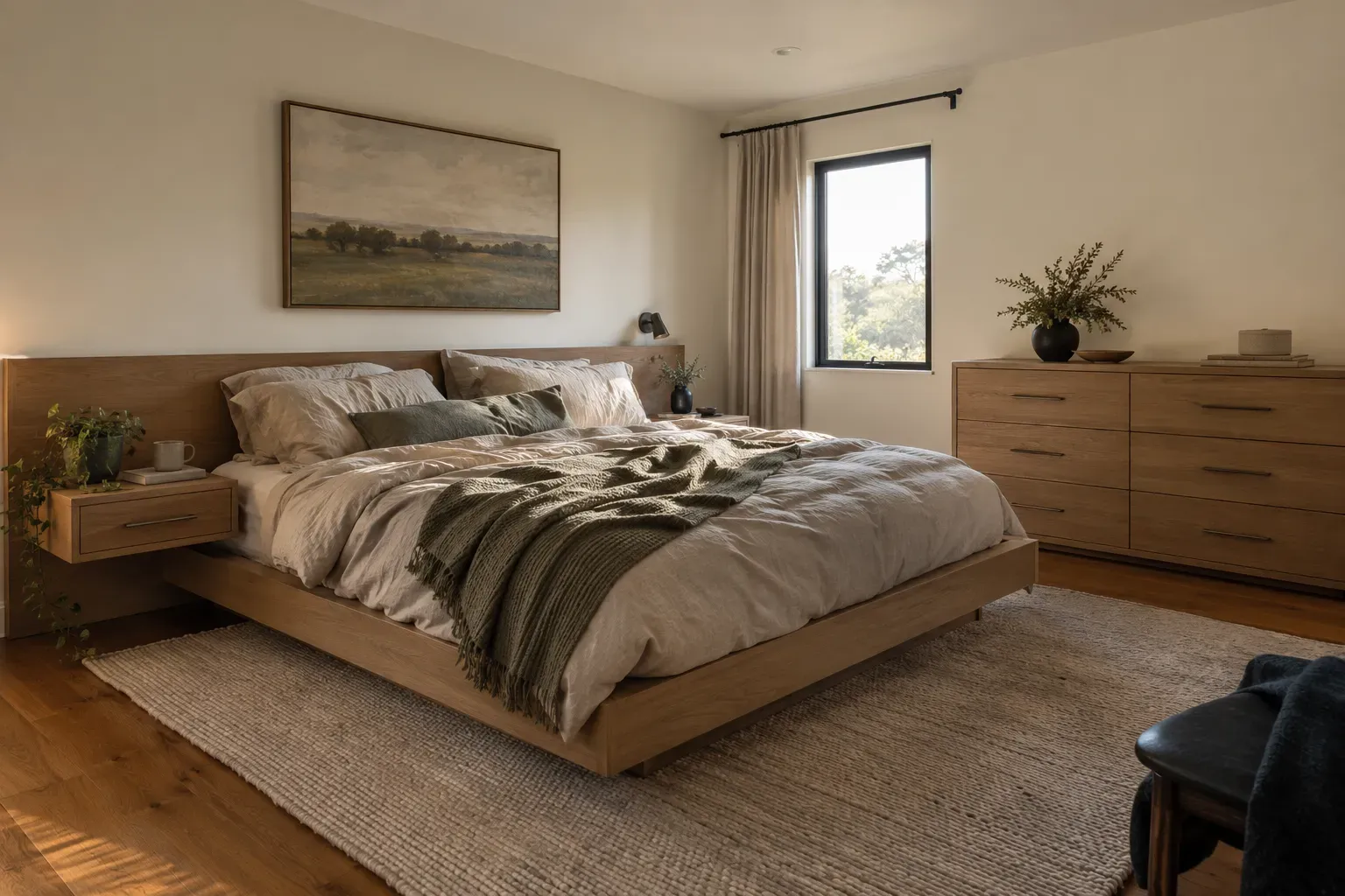 Oak platform bed with a wide headboard panel, attached floating nightstands and a matching six-drawer dresser