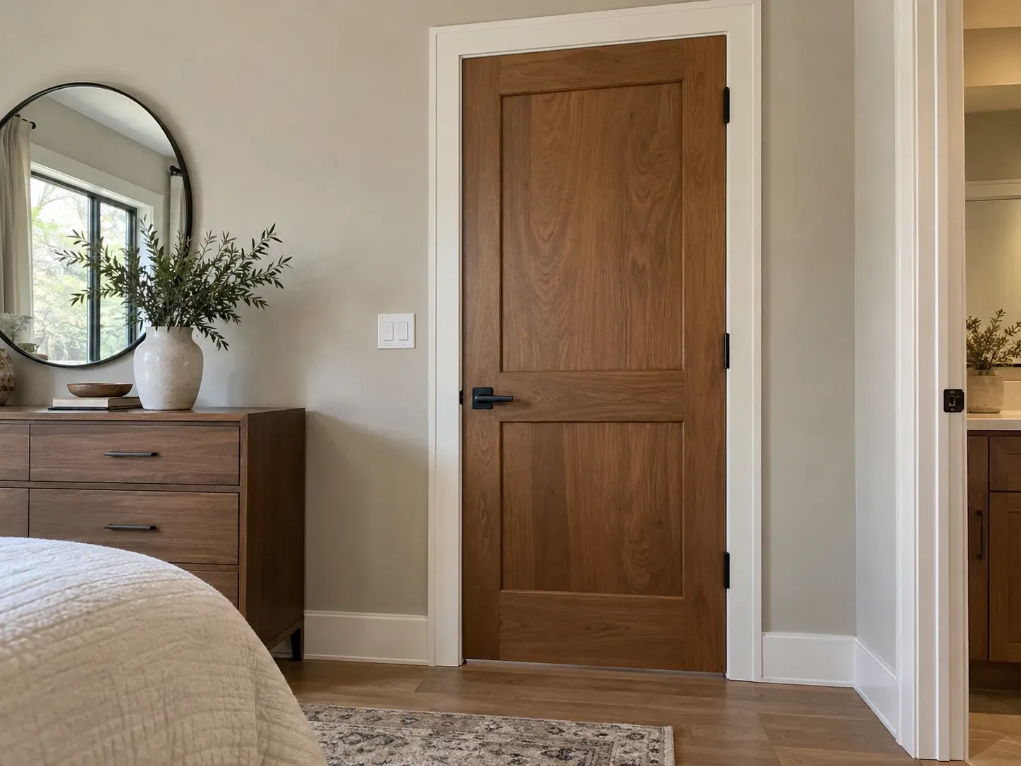 Oak Shaker-style two-panel bedroom door with black lever and hinges, framed by white casing next to a walnut dresser
