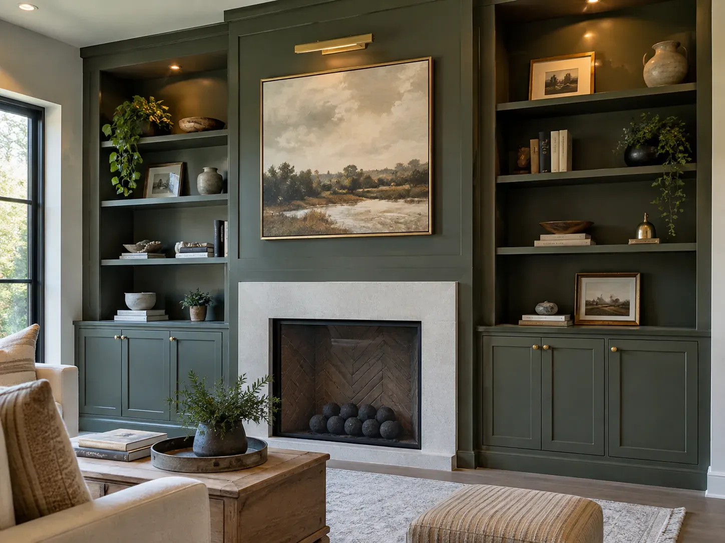 Olive green built-in shelves and Shaker cabinets around a pale stone fireplace surround with herringbone firebox