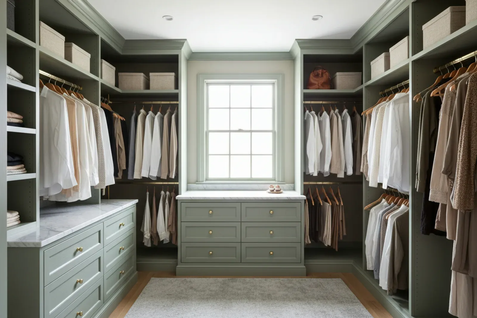 Walk-in closet of wood shelving, hanging rods and drawer banks in painted sage green