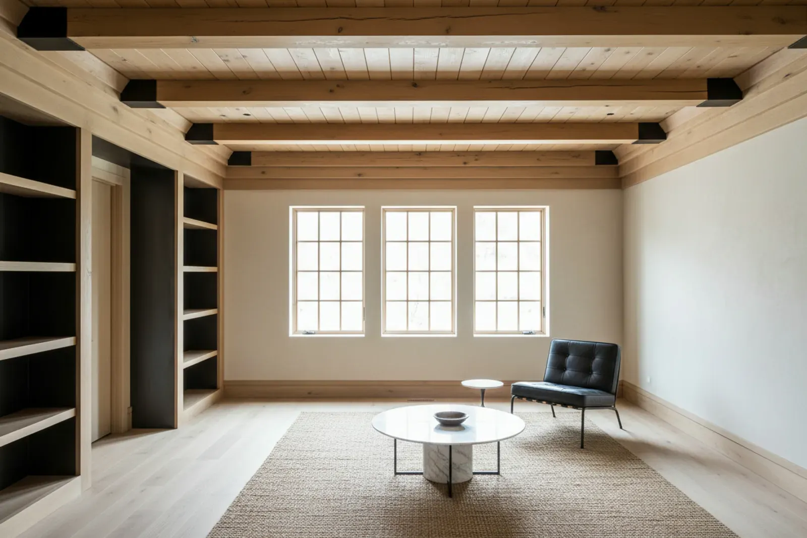 Room with wood ceiling beams and layered crown molding in white oak with black hardware