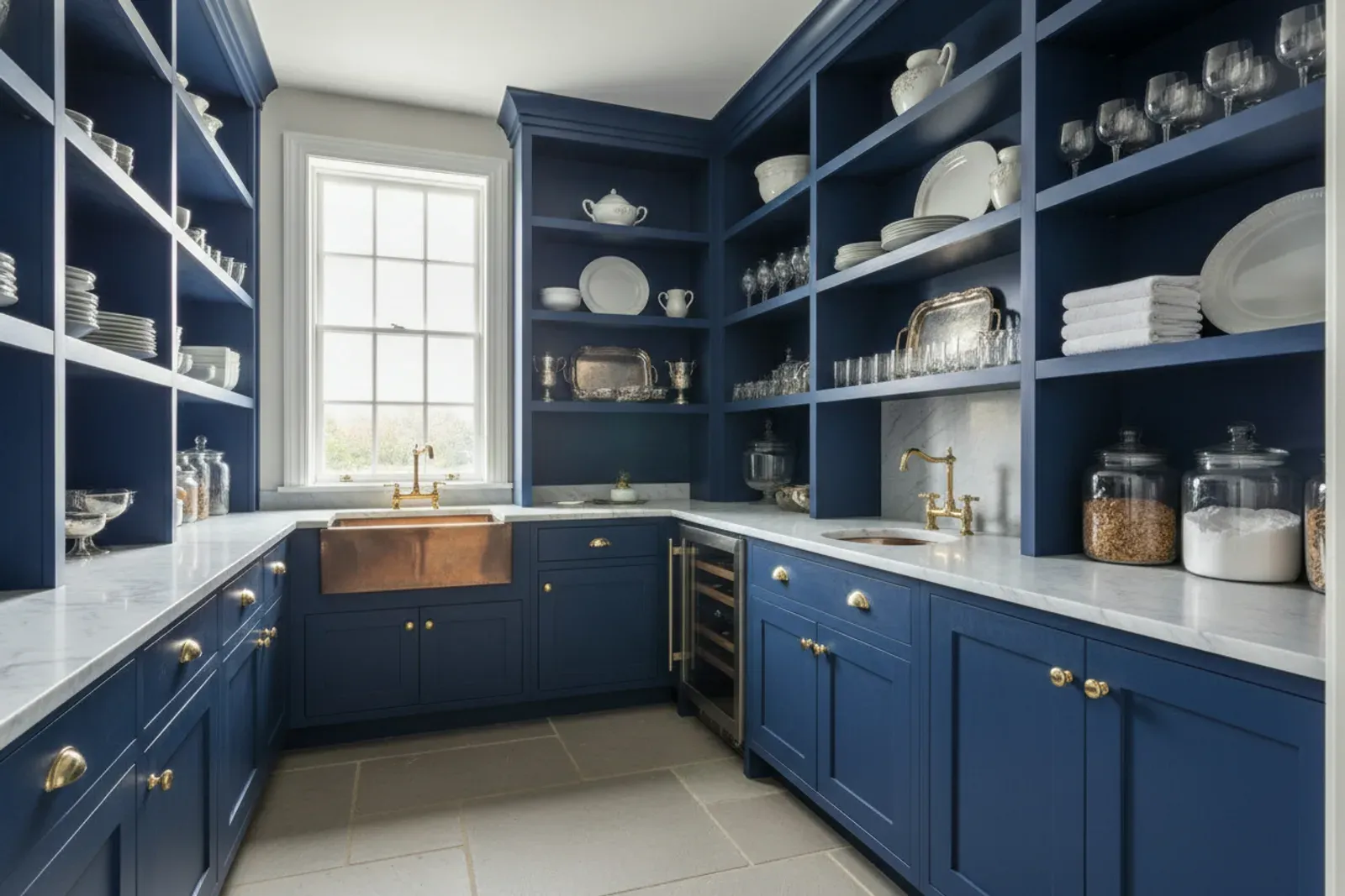 Butler pantry of floor to ceiling wooden shelving and cabinets in painted navy with brass hardware