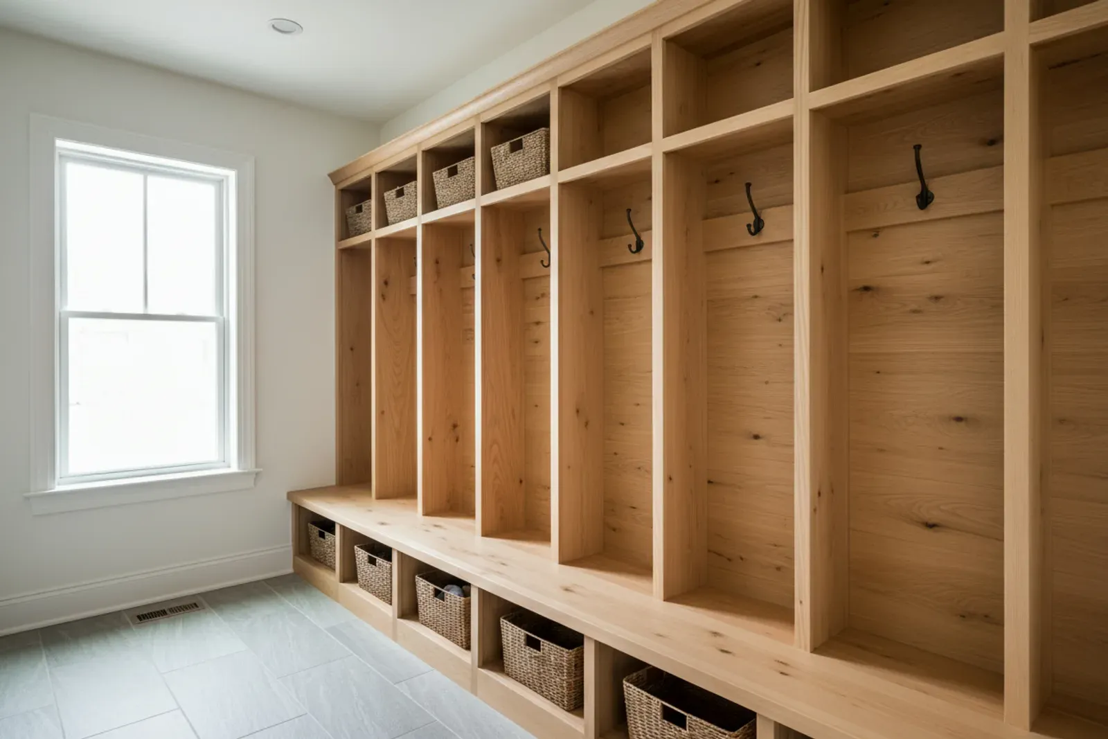 Mudroom of built-in wooden lockers with a bench and coat hooks in natural maple