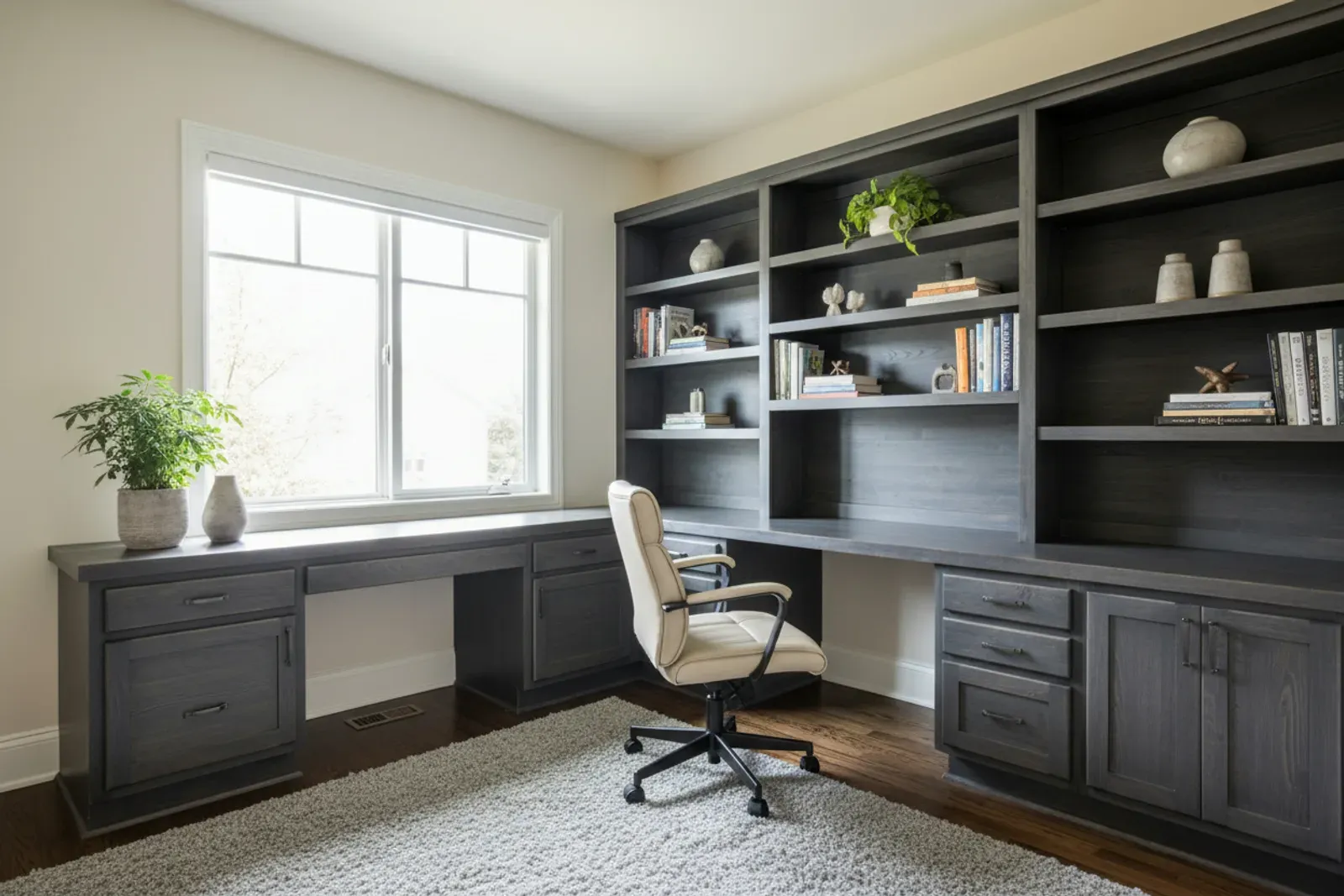 Home office with a built-in desk and upper shelving in painted charcoal