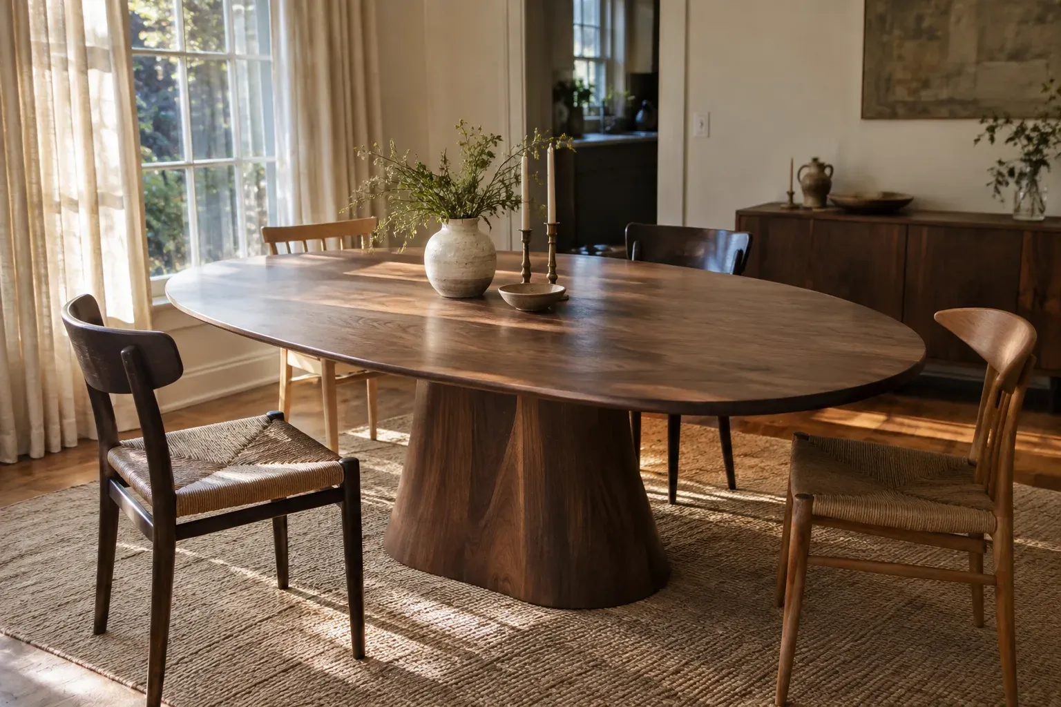 Oval walnut dining table on a sculpted pedestal base with rush-seat wood chairs on a jute rug