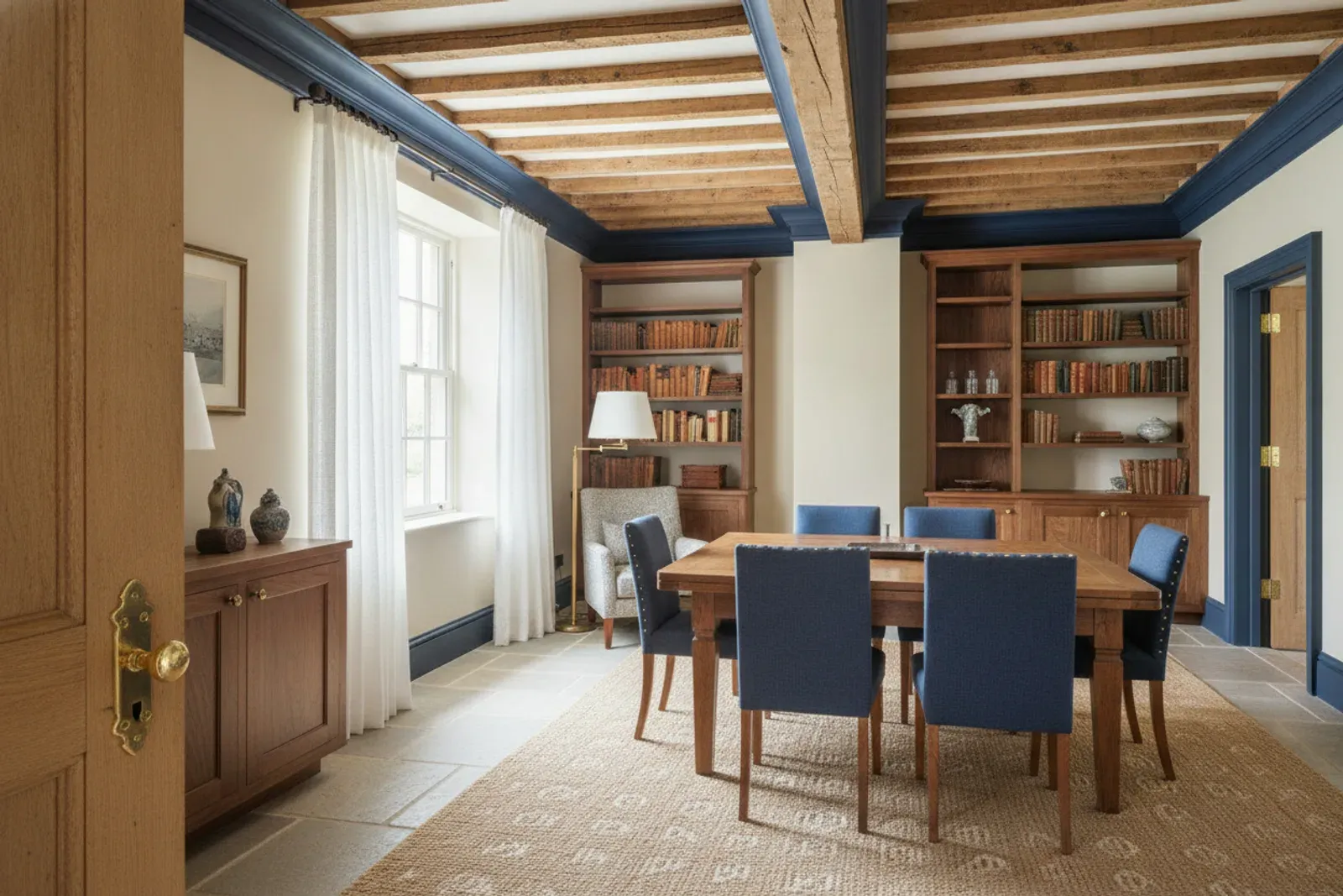 Room with wood ceiling beams and layered crown molding in painted navy with brass hardware