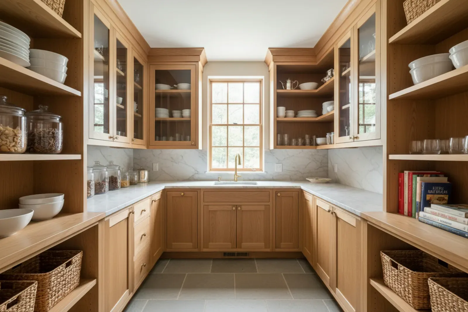 Butler pantry of floor to ceiling wooden shelving and cabinets in natural maple
