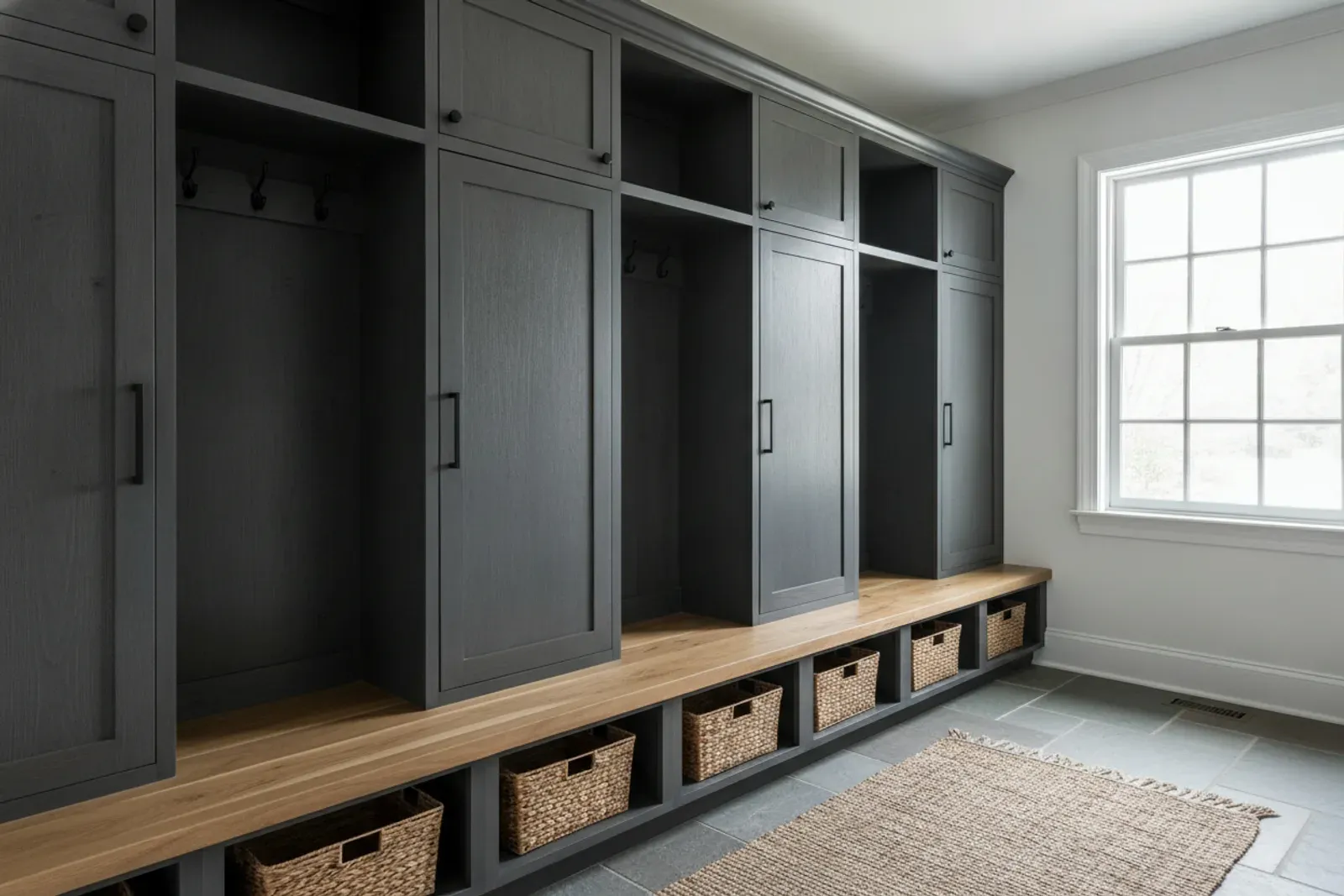 Mudroom of built-in wooden lockers with a bench and coat hooks in painted charcoal