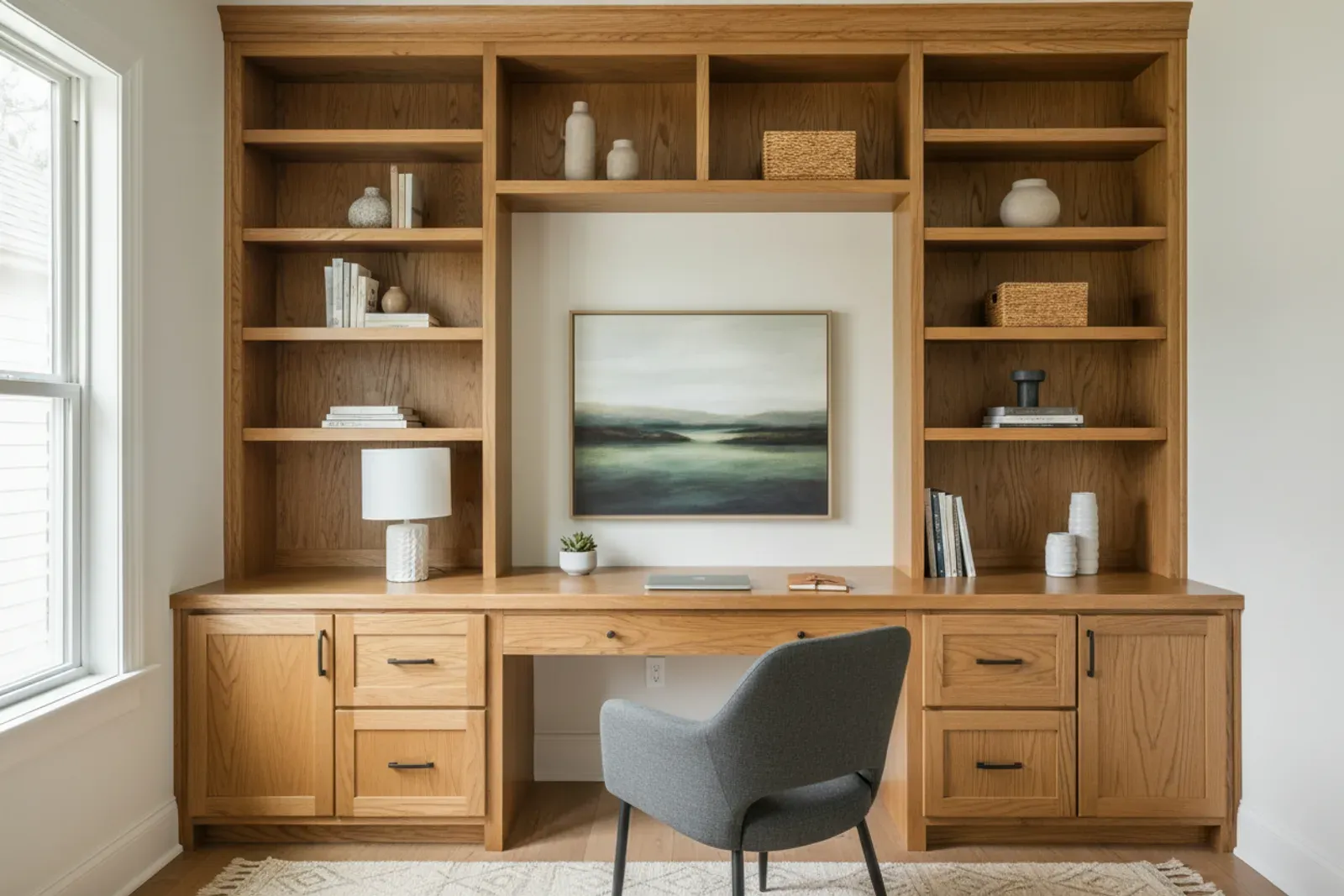 Home office with a built-in desk and upper shelving in warm stained oak