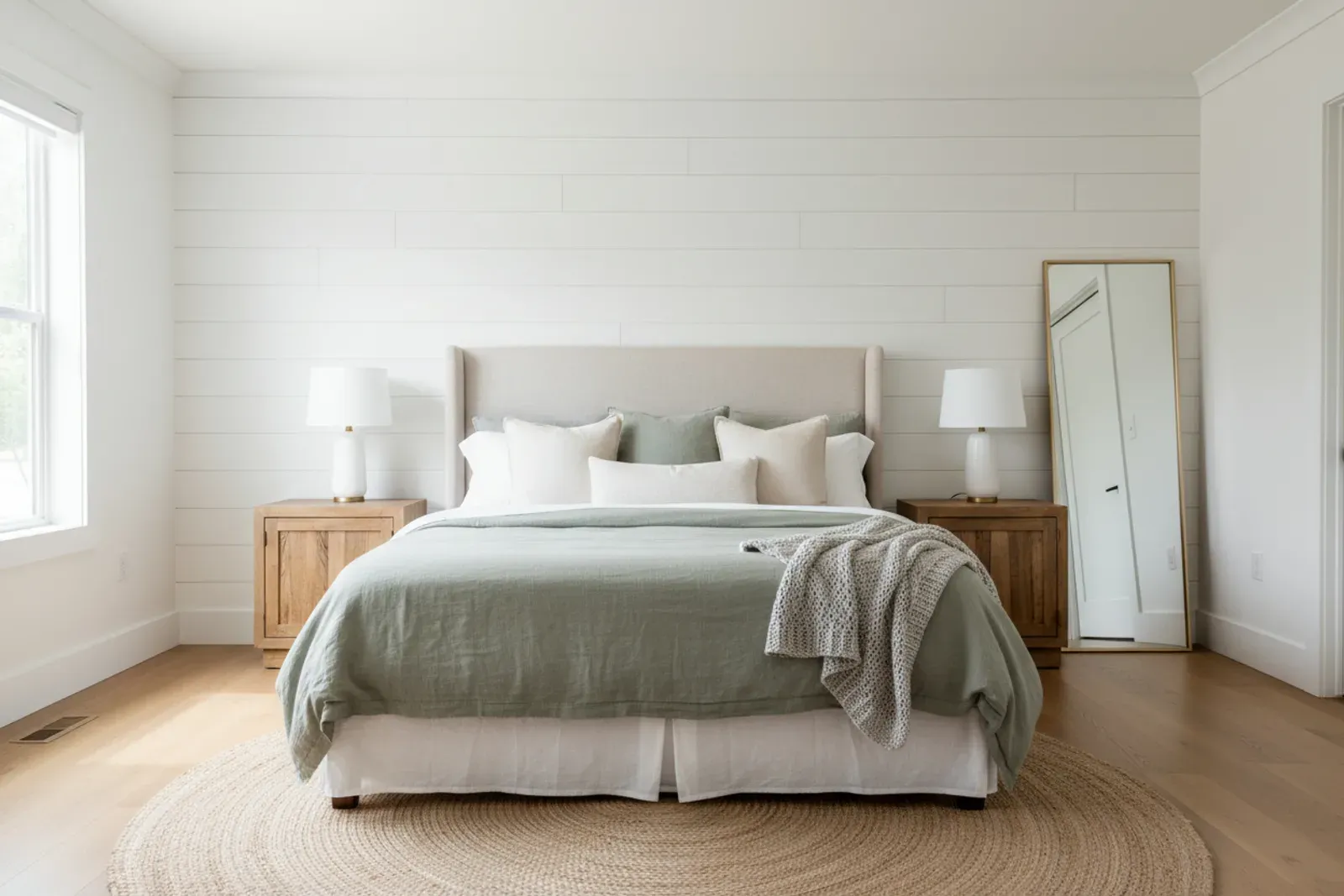 Bedroom wall of board and batten panelling behind the bed painted soft white