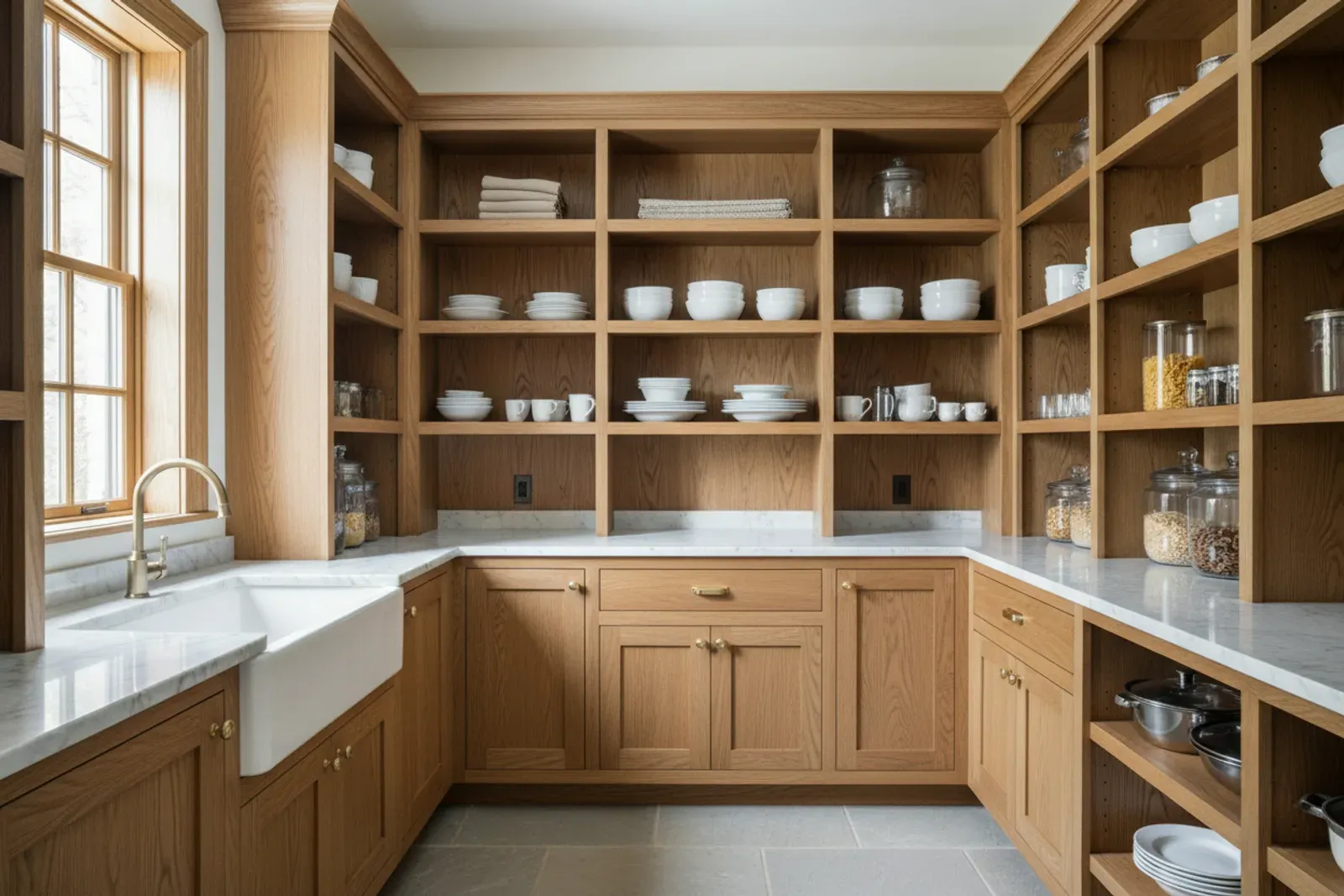 Butler pantry of floor to ceiling wooden shelving and lower cabinets