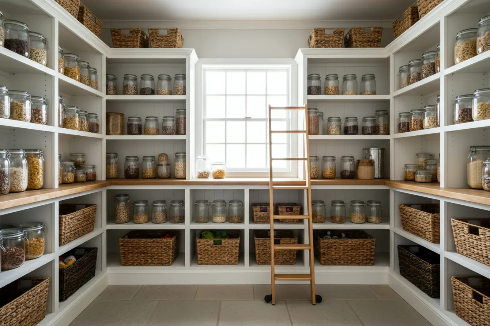 Walk-in pantry with white shelving stacked with jars and baskets