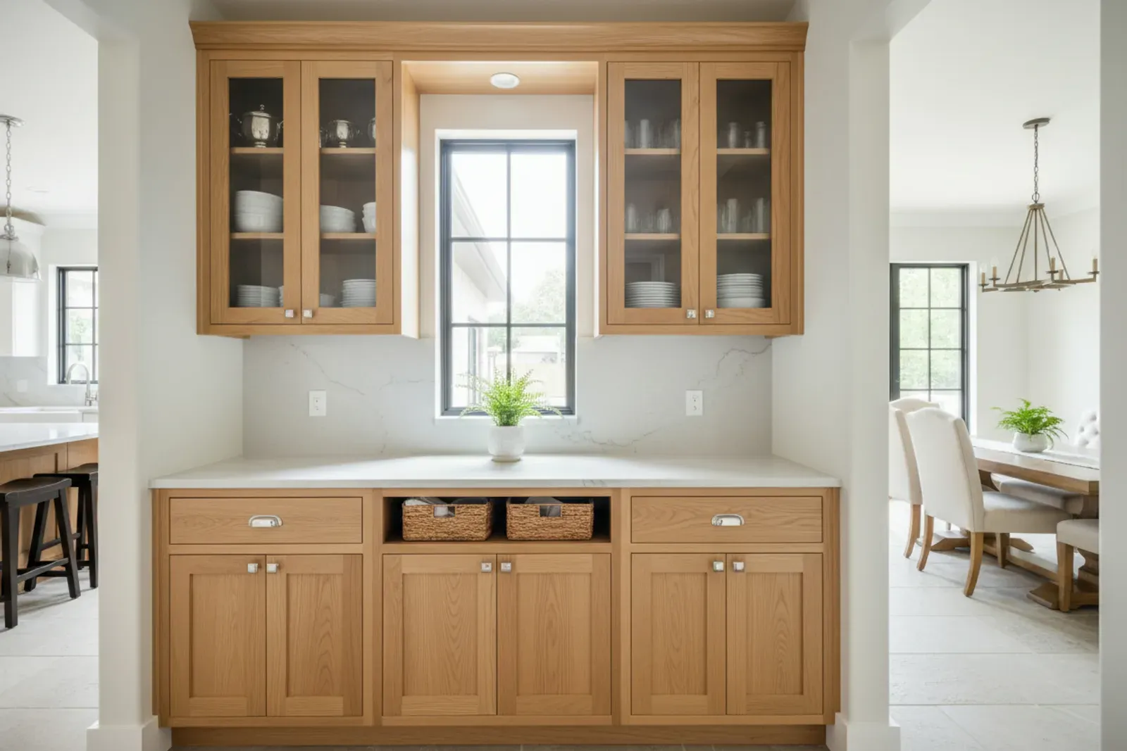 Butler pantry with glass upper cabinets and a counter between kitchen and dining room