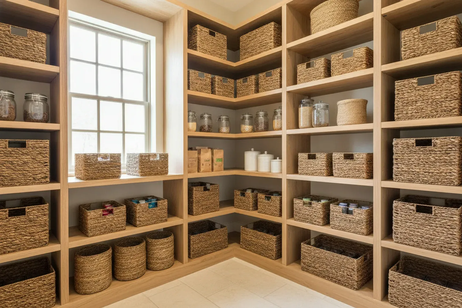 Pantry corner with adjustable wood shelves and woven baskets