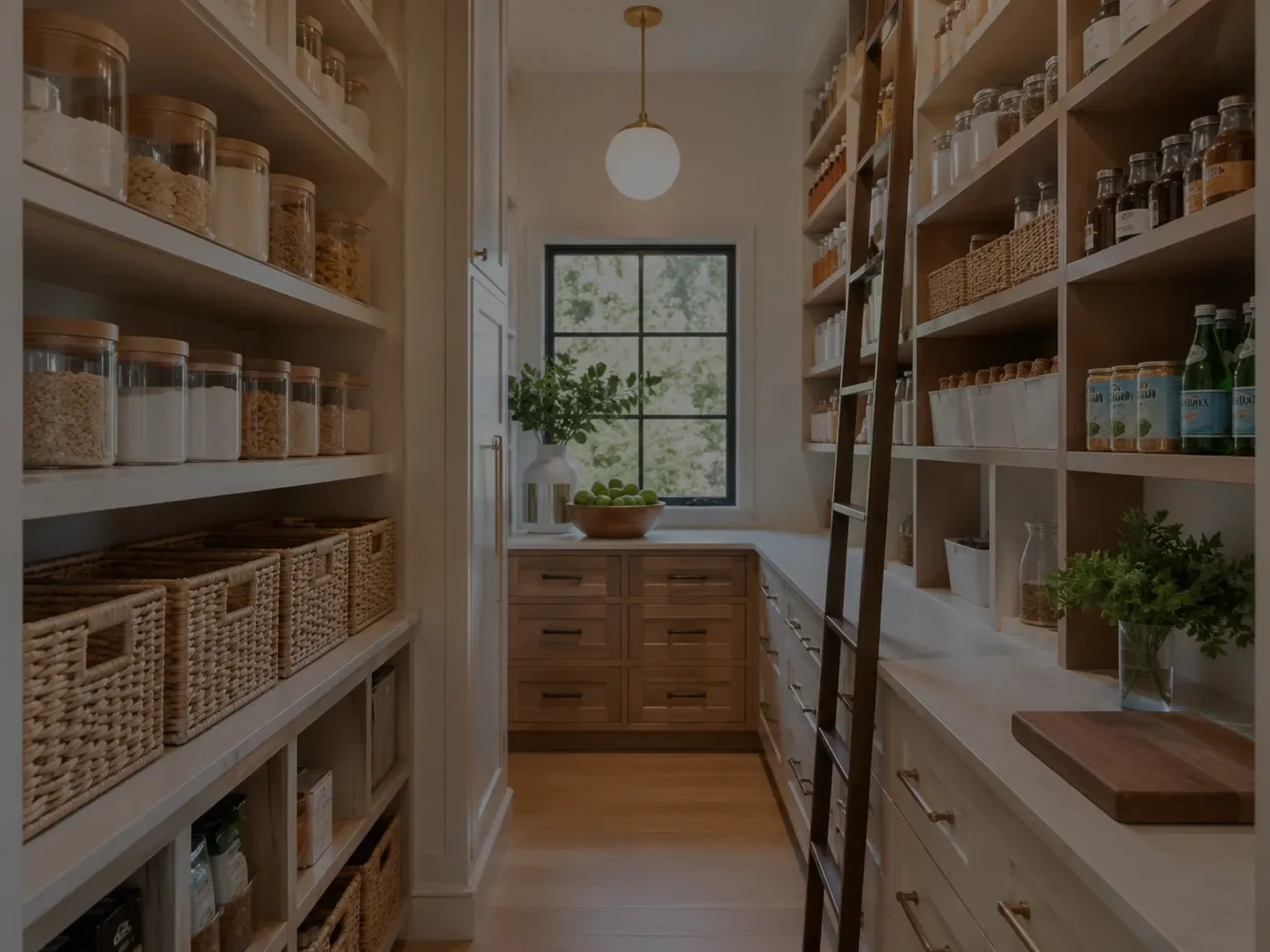 Butler pantry with floor-to-ceiling wood shelving and a rolling ladder