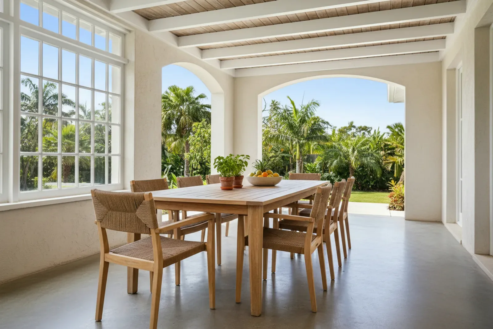 Teak outdoor dining table and chairs on a covered porch in daylight