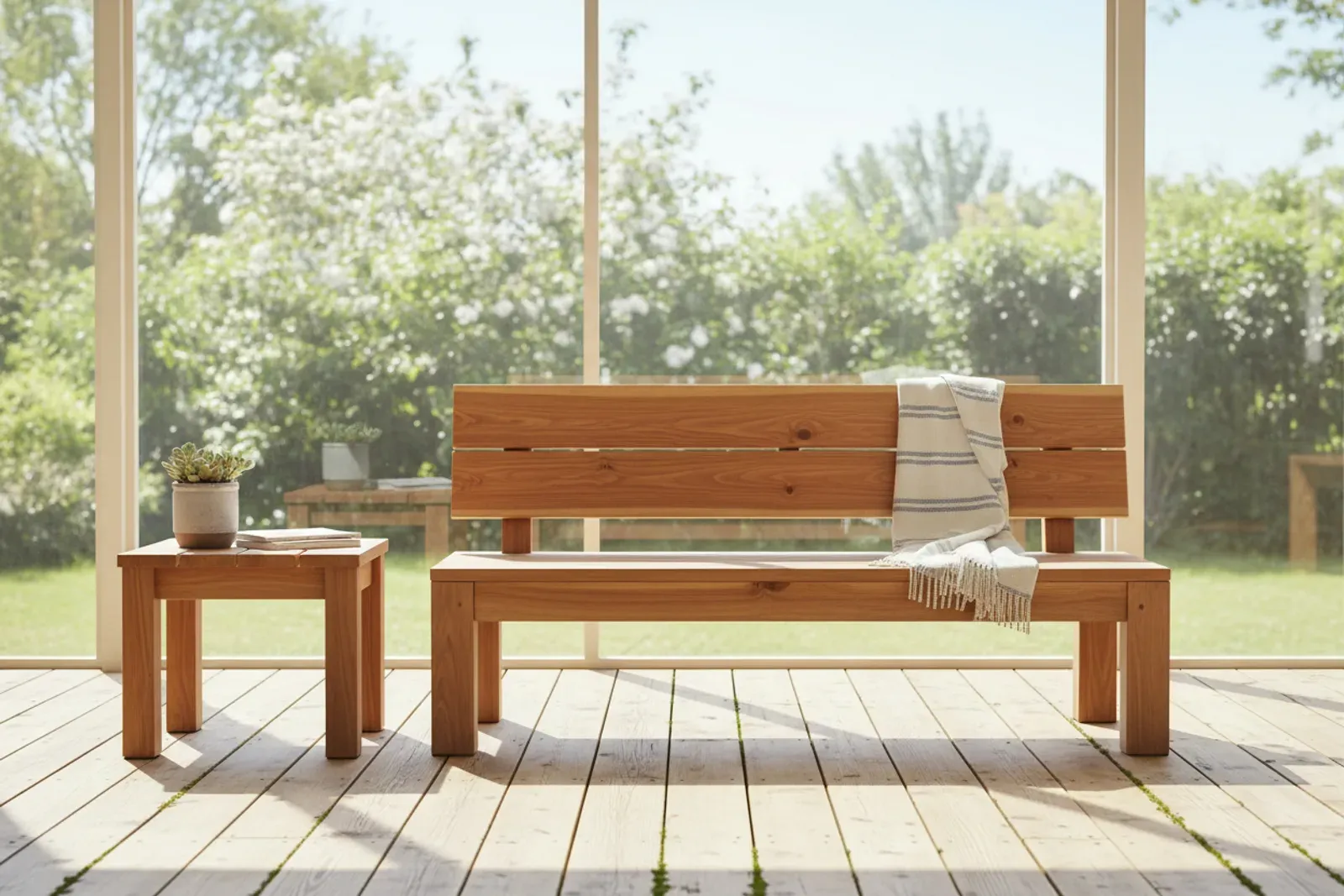 Cedar outdoor bench and side table on a deck