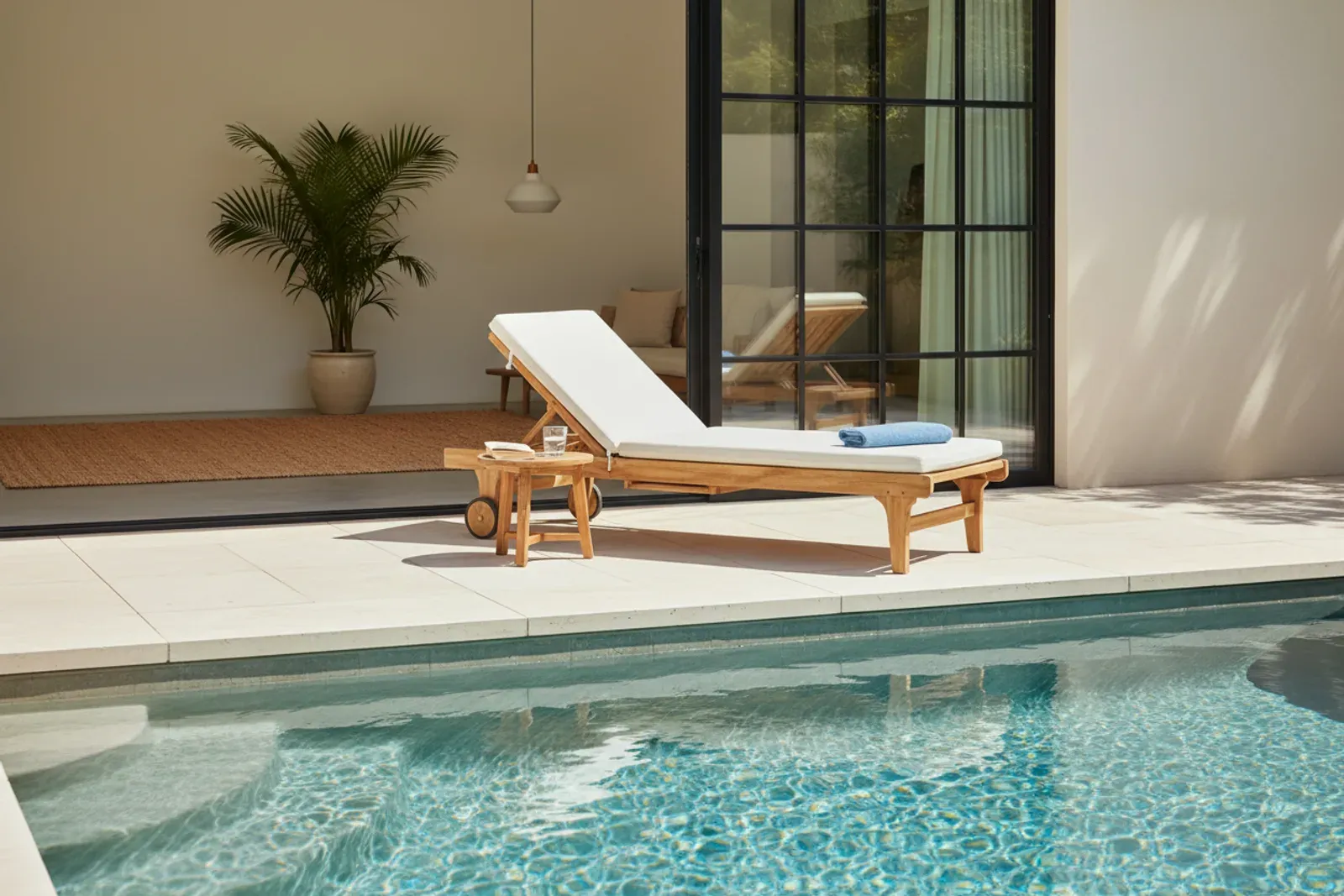 Outdoor teak lounge chair beside a pool