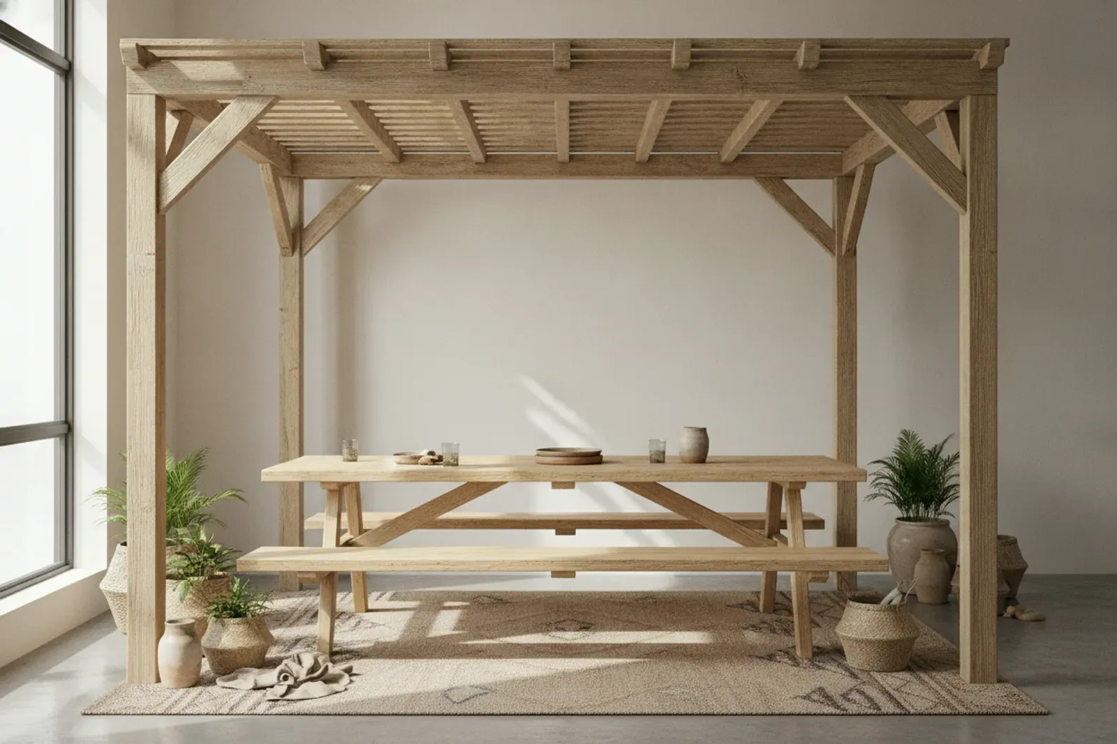 Wooden picnic style table under a pergola