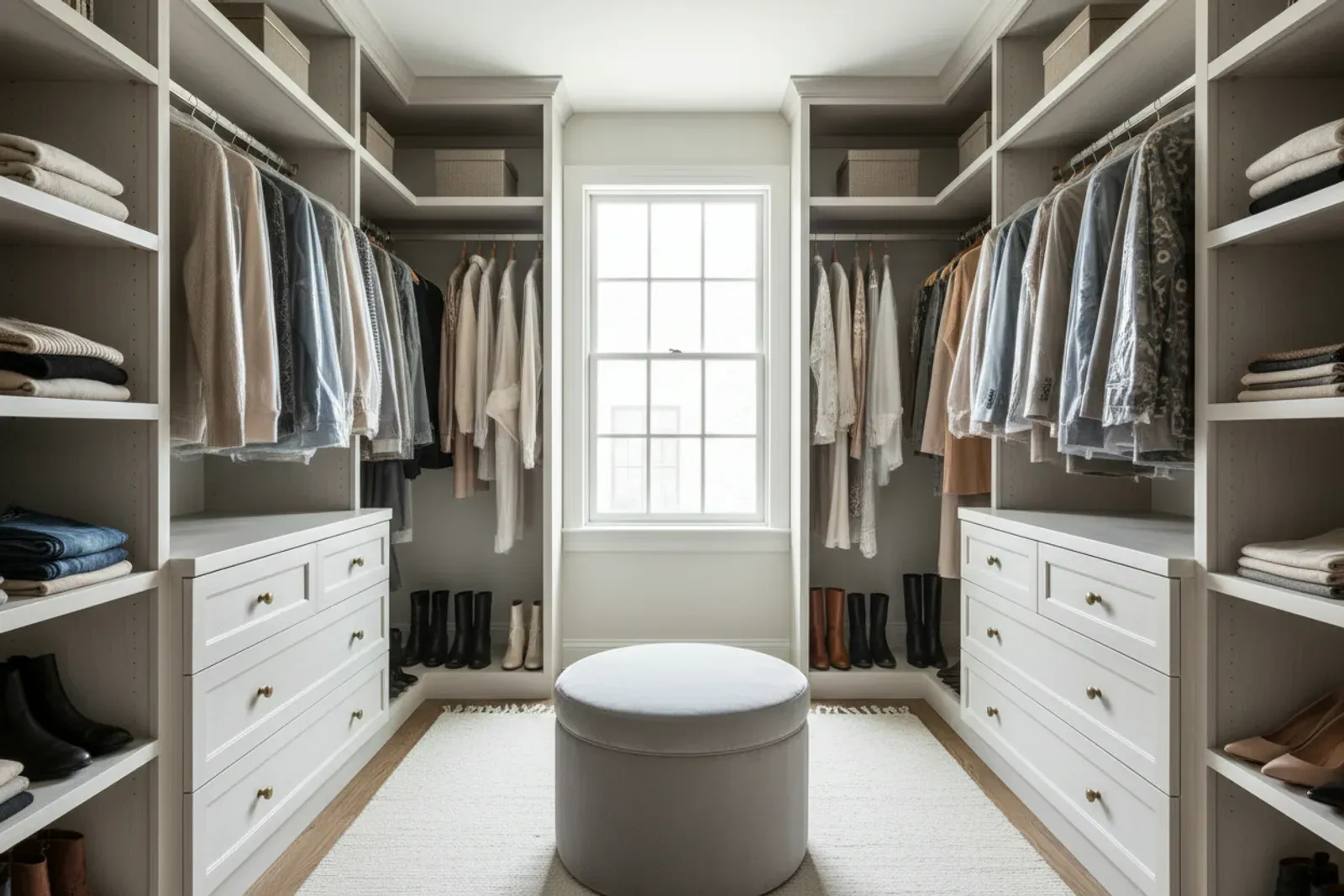 Mudroom of built-in wooden lockers with a bench and coat hooks in warm stained oak
